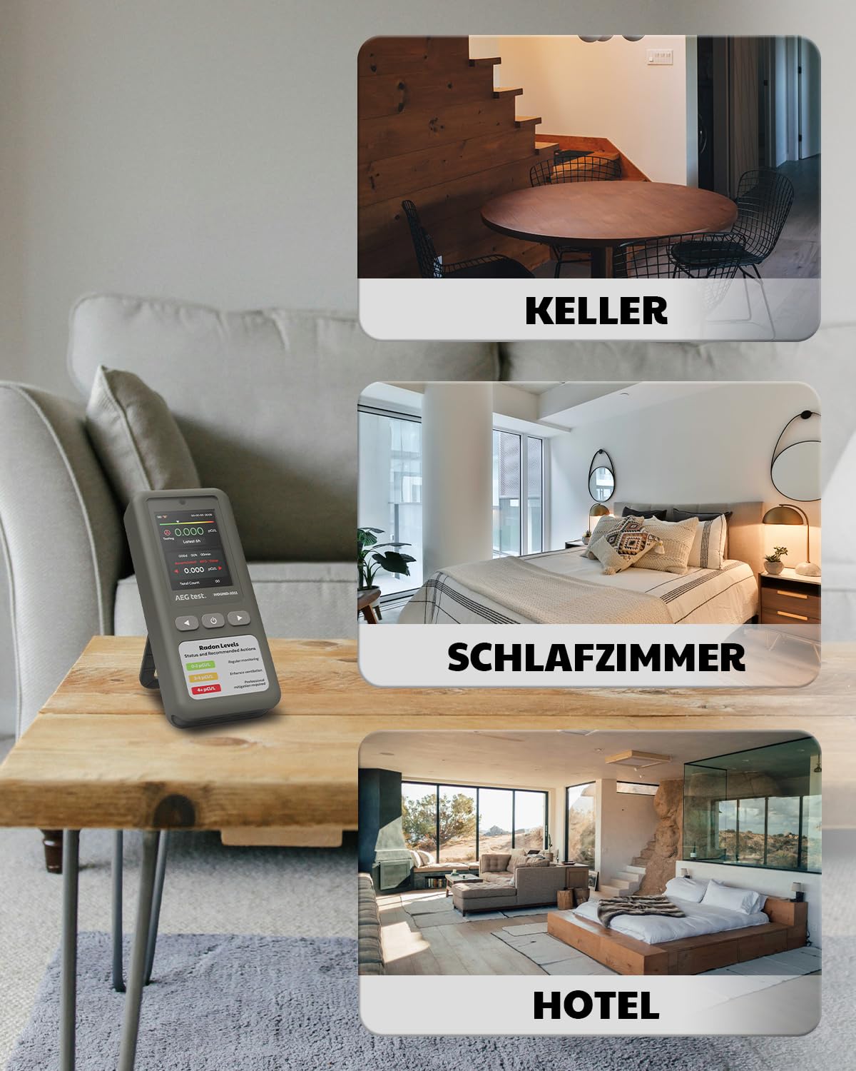 HOUND-1011 tragbarer Radon-Detektor für Zuhause, leicht, hochpräziser Sensor, 45 Tage Überwachung, einfach zu bedienen, Kurz- und Langzeitmessung in pCi/L oder Bq/m³, für Keller – Grau