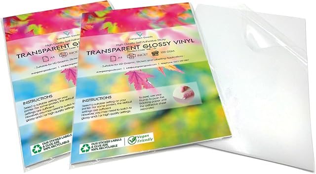 Evergreen Goods 2 x 10 Sheets A4 Glossy Transparent Sticker Vinyl Label | Inkjet Printable | Make Your own Stickers, Products Labels | Quality Self Adhesive Sticky Back Clear PVC | Not Waterproof