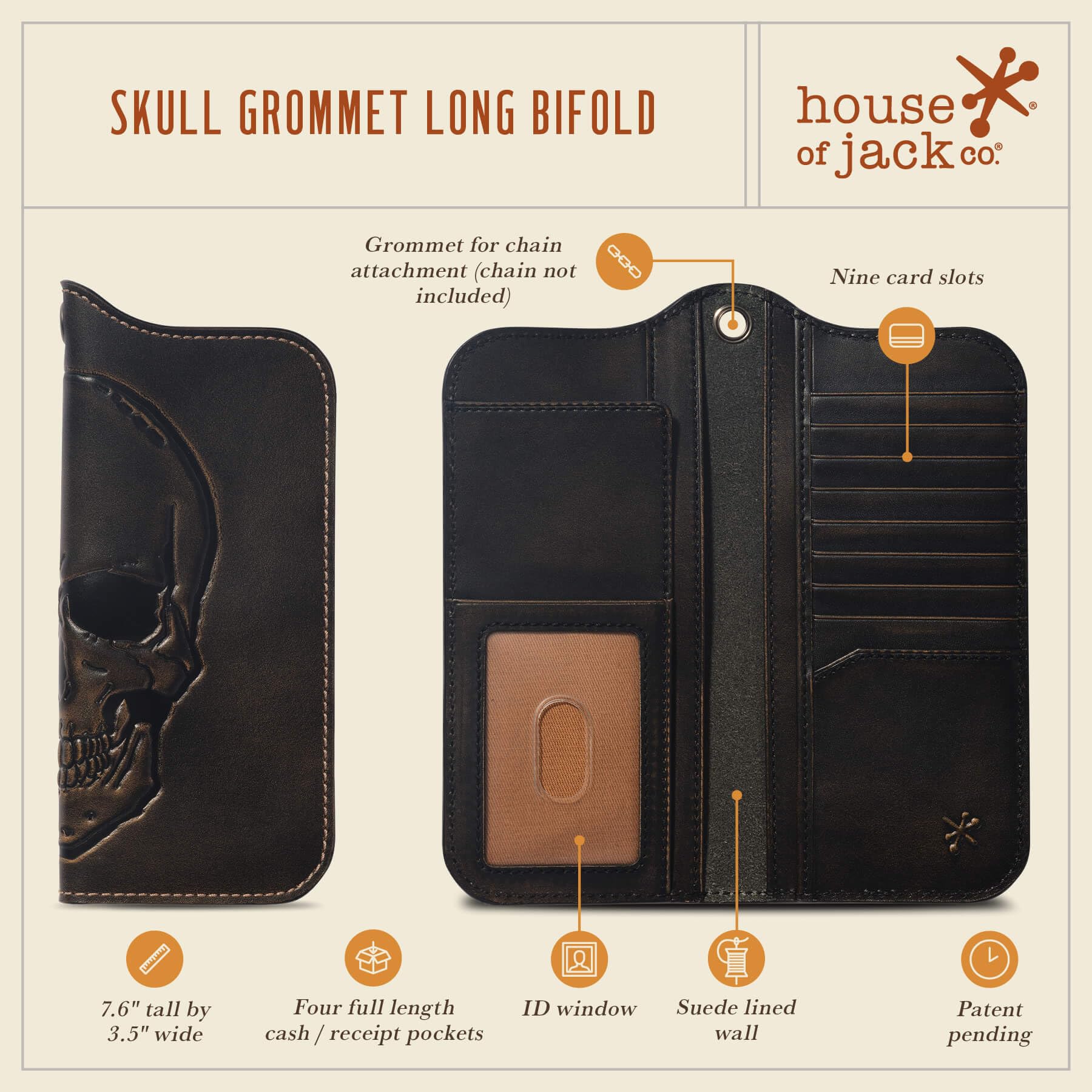 House of Jack Co. Skull Grommet Long Bifold Wallet for Men, Add Your Chain Biker Wallet, Full Grain Cowhide Leather Wallet, Black