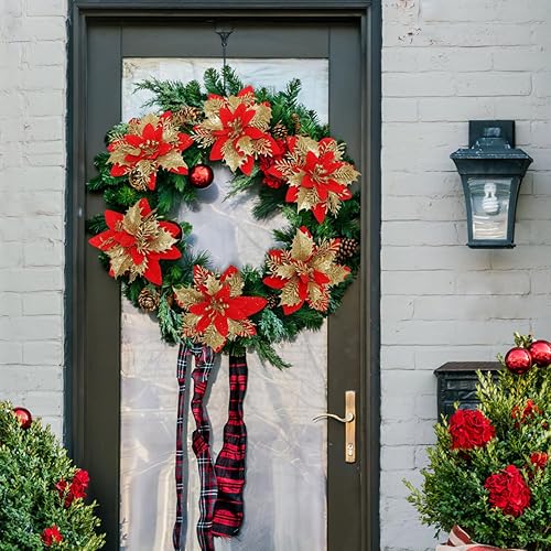Miniatura 5 de Flores de Pascua de Navidad con purpurina, flores artificiales para árbol de Navidad, decoración de flores con clips y tallos para coronas de fiesta