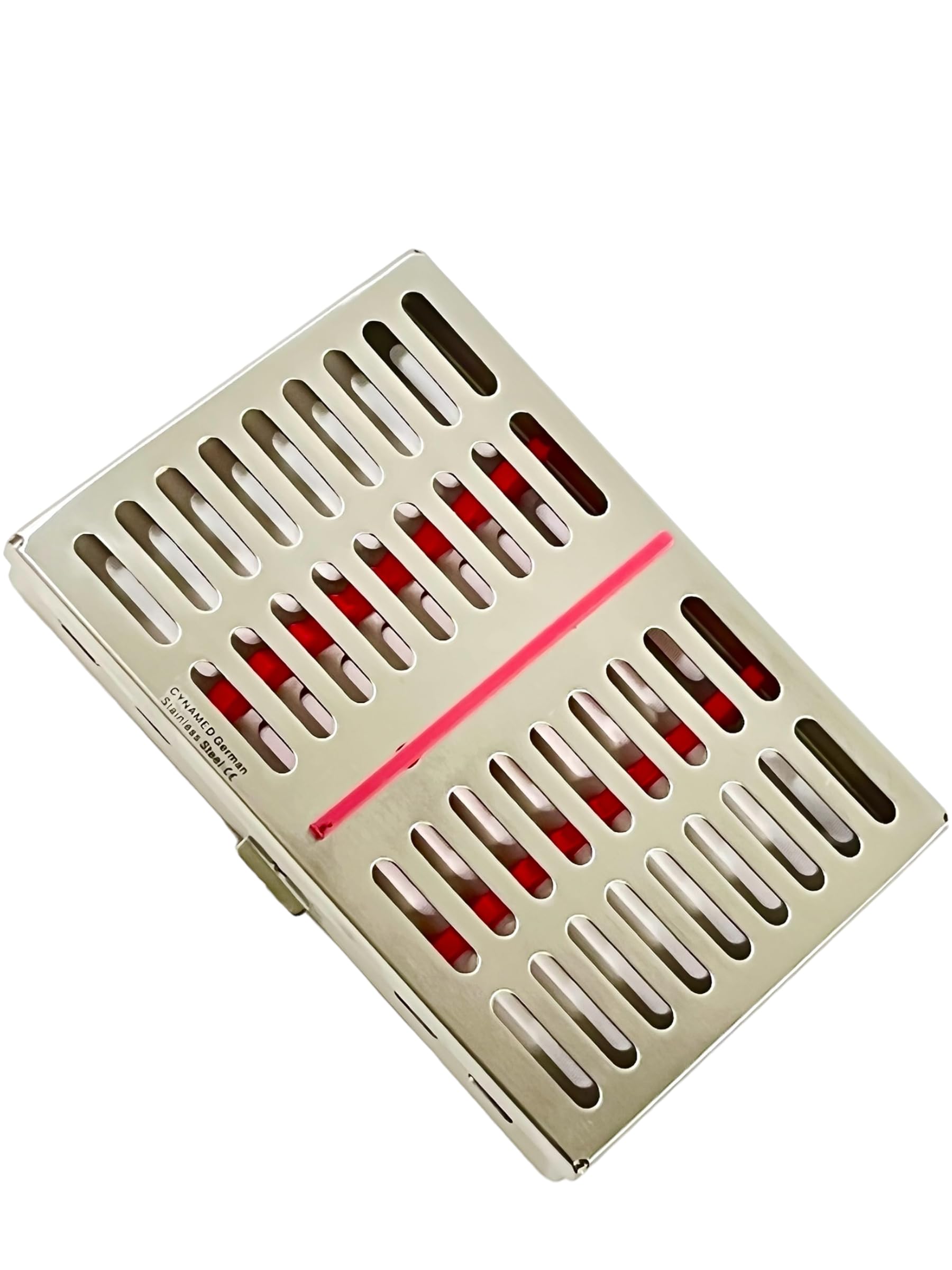 Dental Instruments Sterilization Box with 10 Instrument Slots & Removable Silicone Inserts - Pink | 7.0in x 5.5in x 1.25in | German Stainless Steel