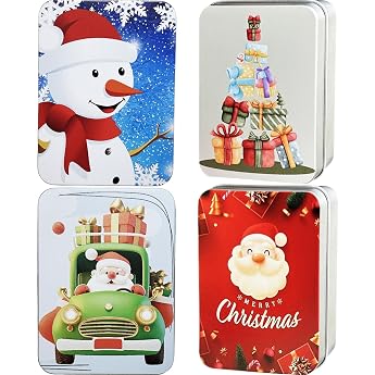 Set of 4 Christmas Biscuit Tins Small Square Set Small Metal Tins Christmas Tin Tin with Lid Biscuit Tins Metal Flat Gift Packaging Colourful Christmas Tins Tin Rectangular Gift