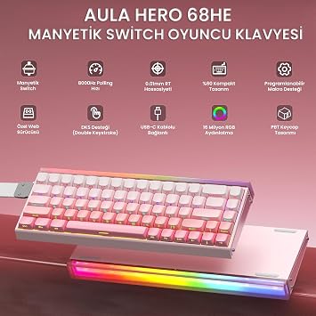 Aula Hero 68 He Magnetic Keyboard Rapid Trigger Black King Switch 8000Hz RGB Neon TKL Hot Swap Player Keyboard Pink