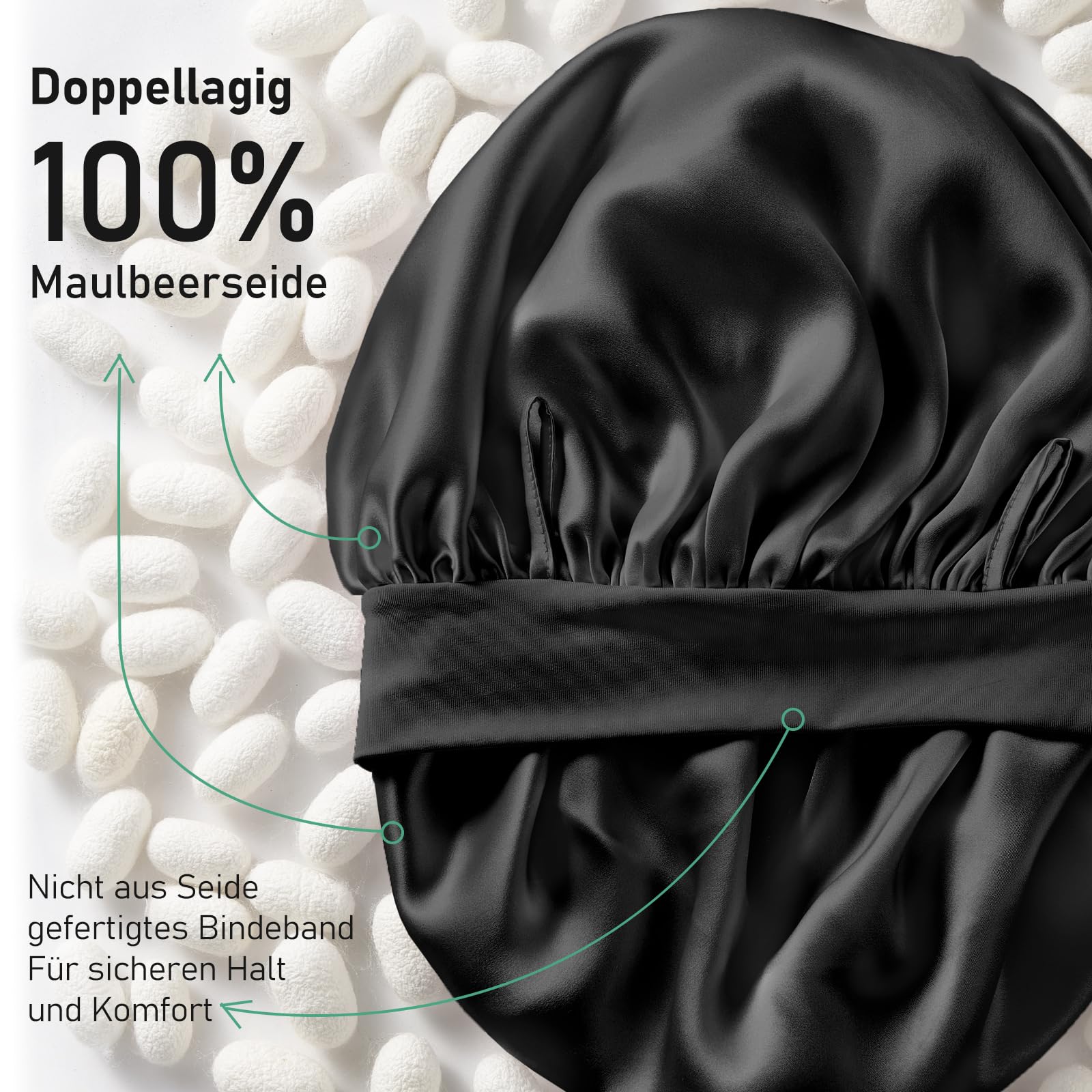LitBear Schlafhaube aus 100% Maulbeerseide 6A 22 Momme große doppellagige Haube mit Bindeband rutschfester Seidenturban inklusive Seiden-Haargummi