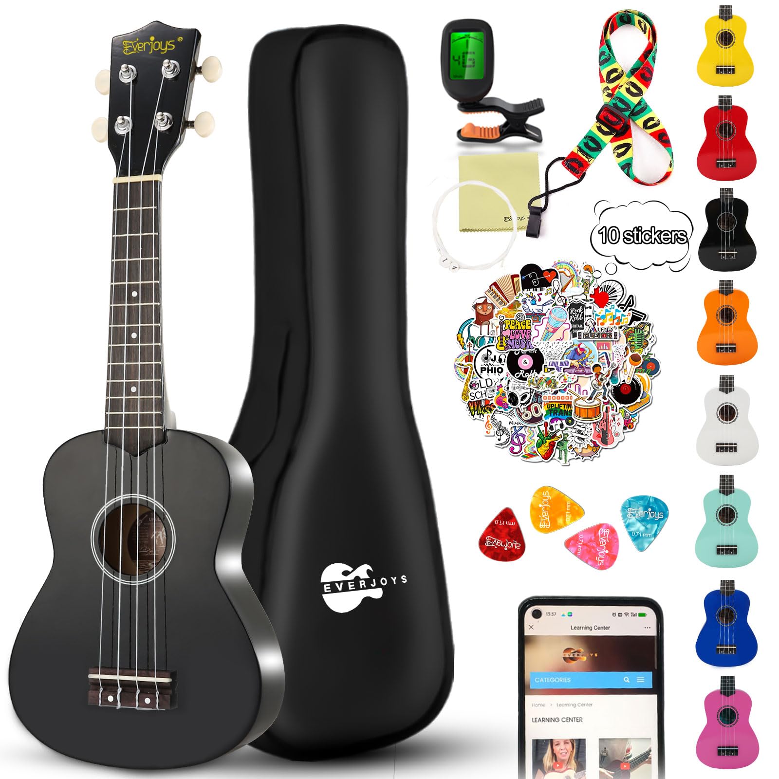 Soprano Ukulele Beginner Kit for Kids Adult Student w/Free Online Lesson 21 Inch Ukelele Gig Bag Strap String Tuner Pick Polishing Cloth, Rainbow Series Ukalalee
