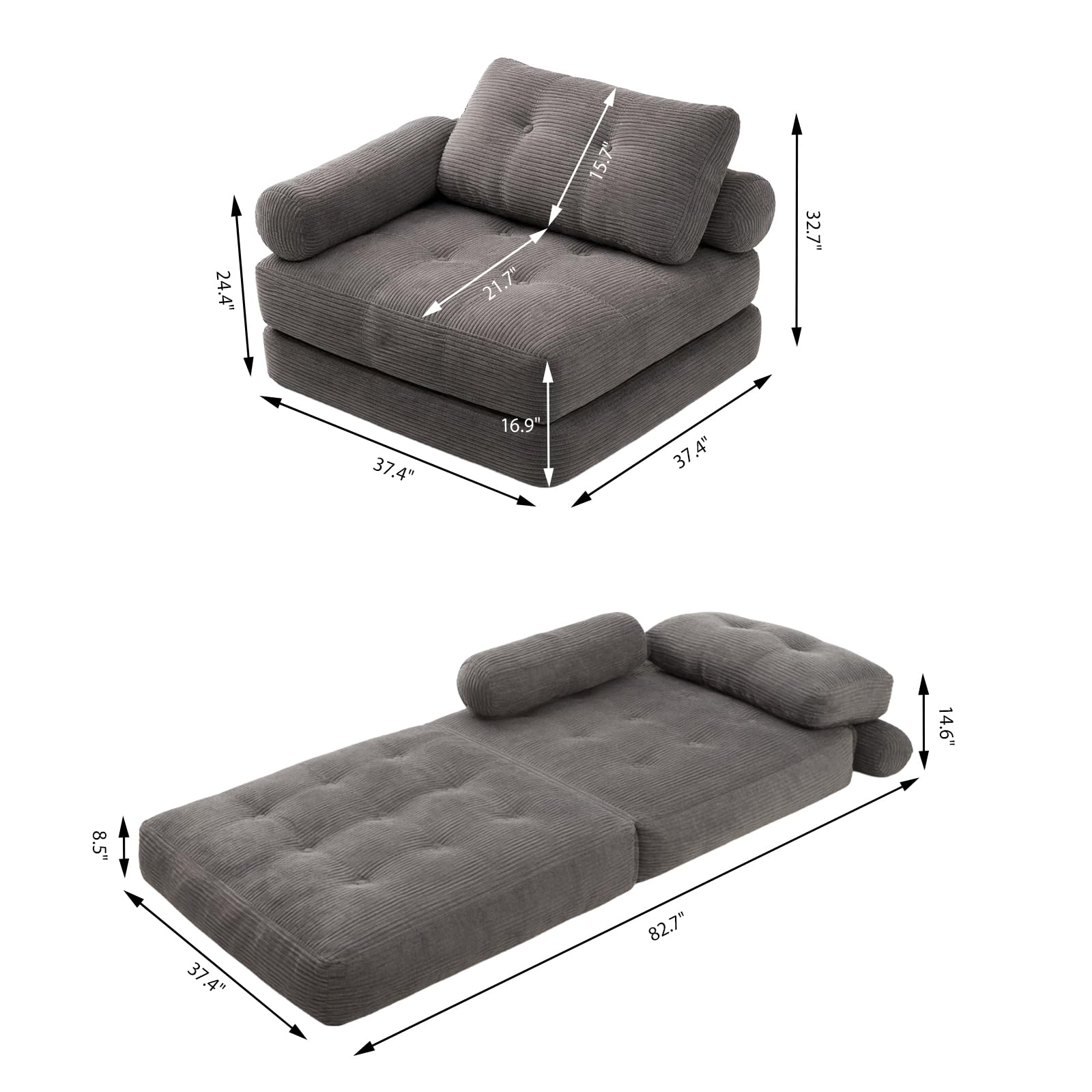 Klappsofa Schlafsofa, 4-in-1 faltbares Sitzsack-Sofa mit verstellbaren Armlehnen, Boneless Couch als Gästebett, Gaming-Sessel & Lounge-Sofa für kleine Räume, Wohnheim (Grau)