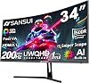 Monitor gamer curvo SANSUI 34 pulgadas UWQHD 3440 x 1440P hasta 200Hz curva 1500R - PIP/PBP, OD 1ms, HDR, 300 nits, sRGB 130%, DCI-P3 97%, AI Crosshair, HDMI2.1x2, DP1.4 (cable incluido) 1