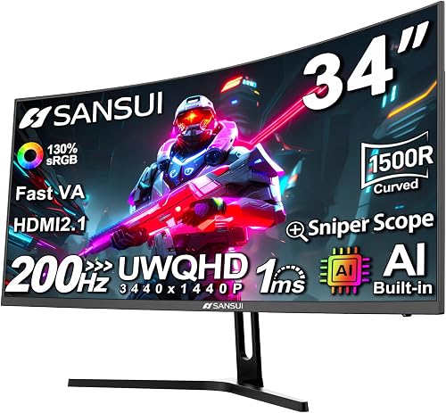 SANSUI 34 Inch Curved Ultrawide Gaming Monitor UWQHD 3440x1440 200Hz 1ms Fast VA FreeSync HDR SANSUI 34 Inch Curved Ultrawide Gaming Monitor UWQHD 3440x1440 200Hz 1ms Fast VA FreeSync HDR