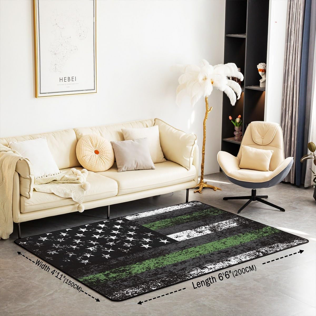 Feelyou American Flag Area Rug 5x7 Kids Black Green White Star Stripe Flag Living Room Rugs for Bedroom Boys Girls Teens Retro US Flag Decorative Carpet Rug Non-Slip Vintage Indoor Floor Mat