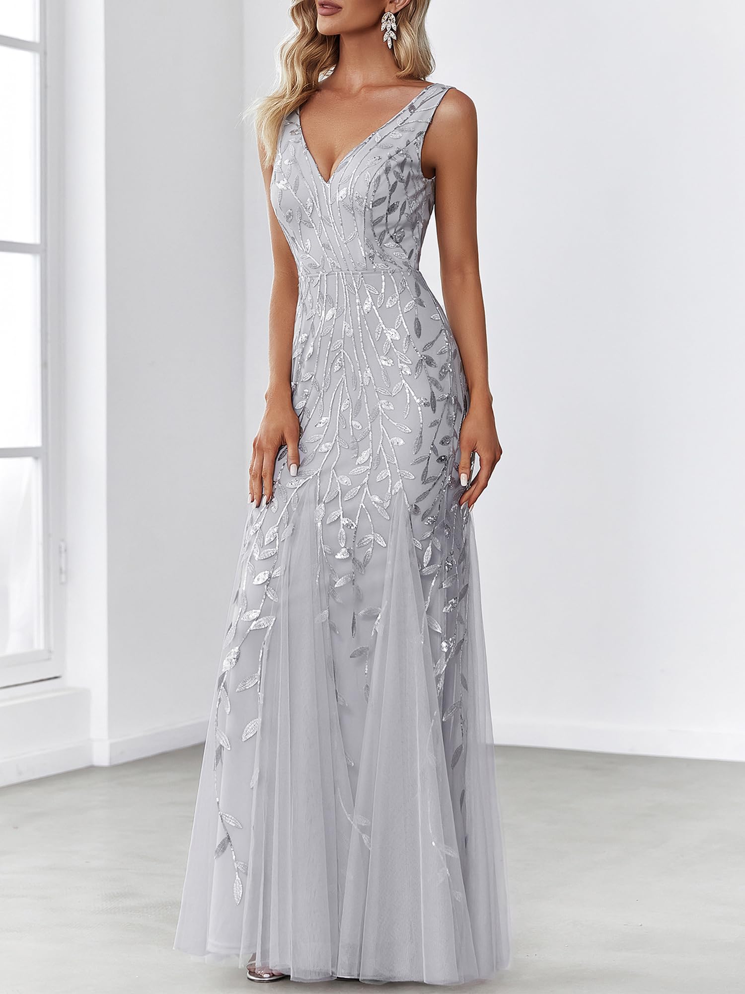 Ever-Pretty Abito da sera lungo da donna con paillettes tulle doppio scollo a V senza maniche sirena 07886