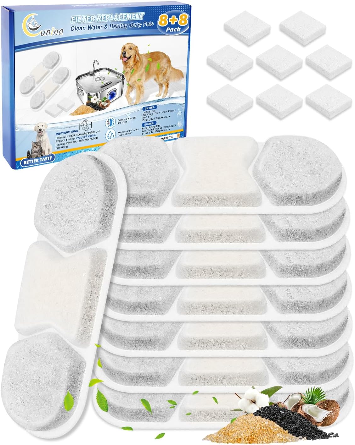 8 Pack Filter & 8 Pump Sponges Pet Water Fountain Filter Compatible with WF120 Dog Water Bowl Dispenser 410oz/3.2Gal/12L, Filters Replacement for Cat Automatic Water Fountain Stainless Steel