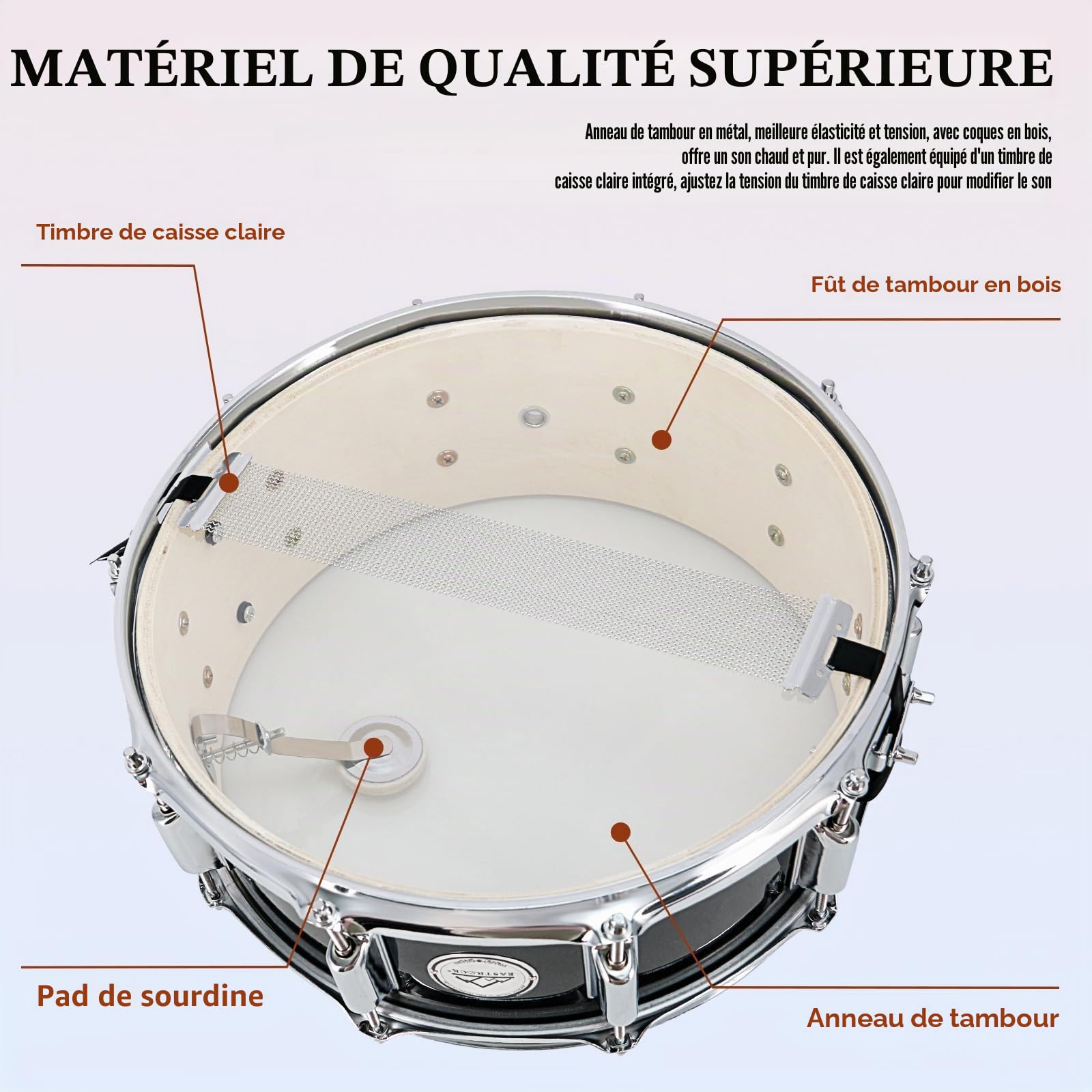 EASTROCK Caisse claire 35,6 x 14 cm pour étudiants, débutants avec sac de transport, baguettes, clé de batterie, Noir