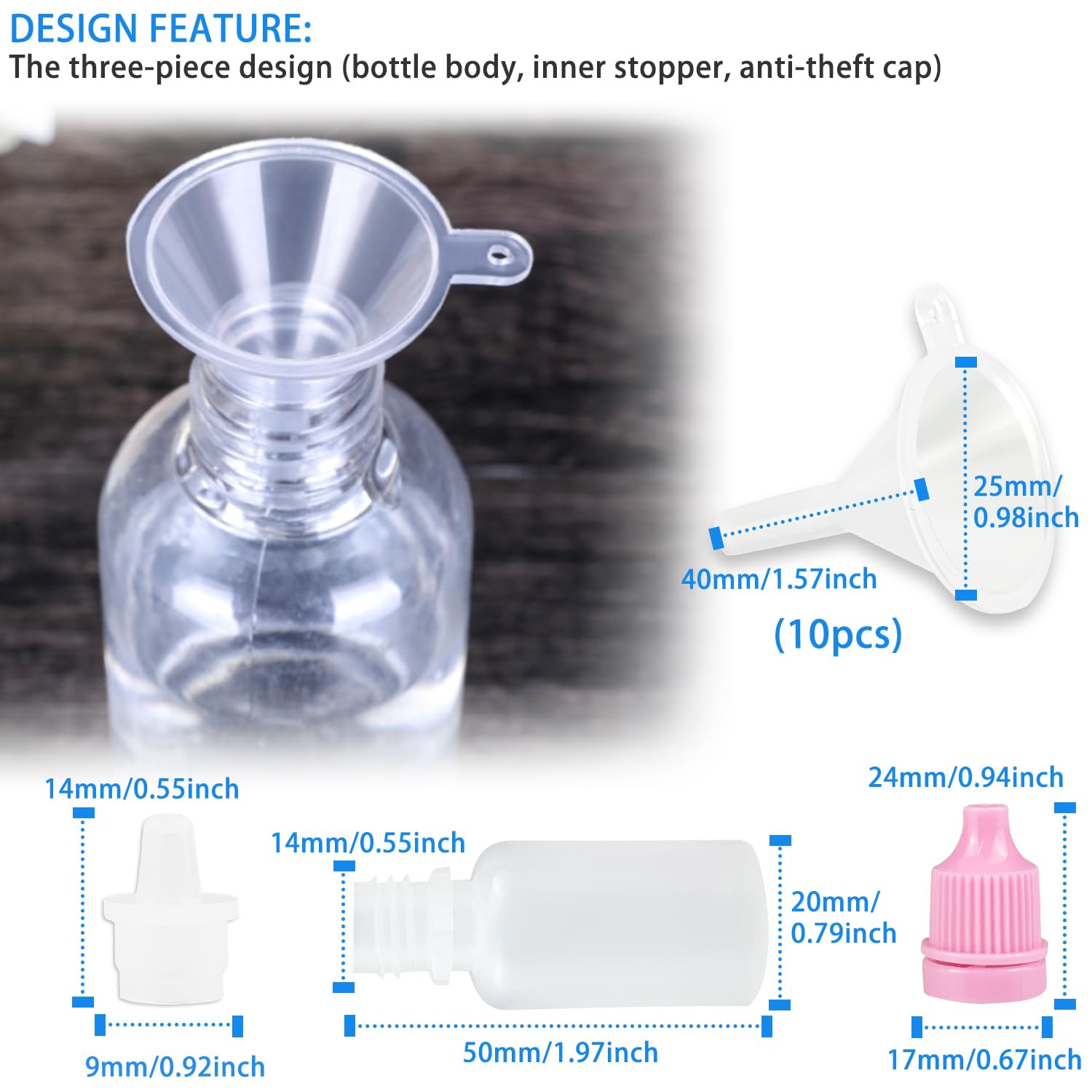 JAPCHET 250 flaconi contagocce in plastica da 10 ml, con contagocce vuota con imbuto e tappo a vite, bottiglia bianca per collirio, oli essenziali