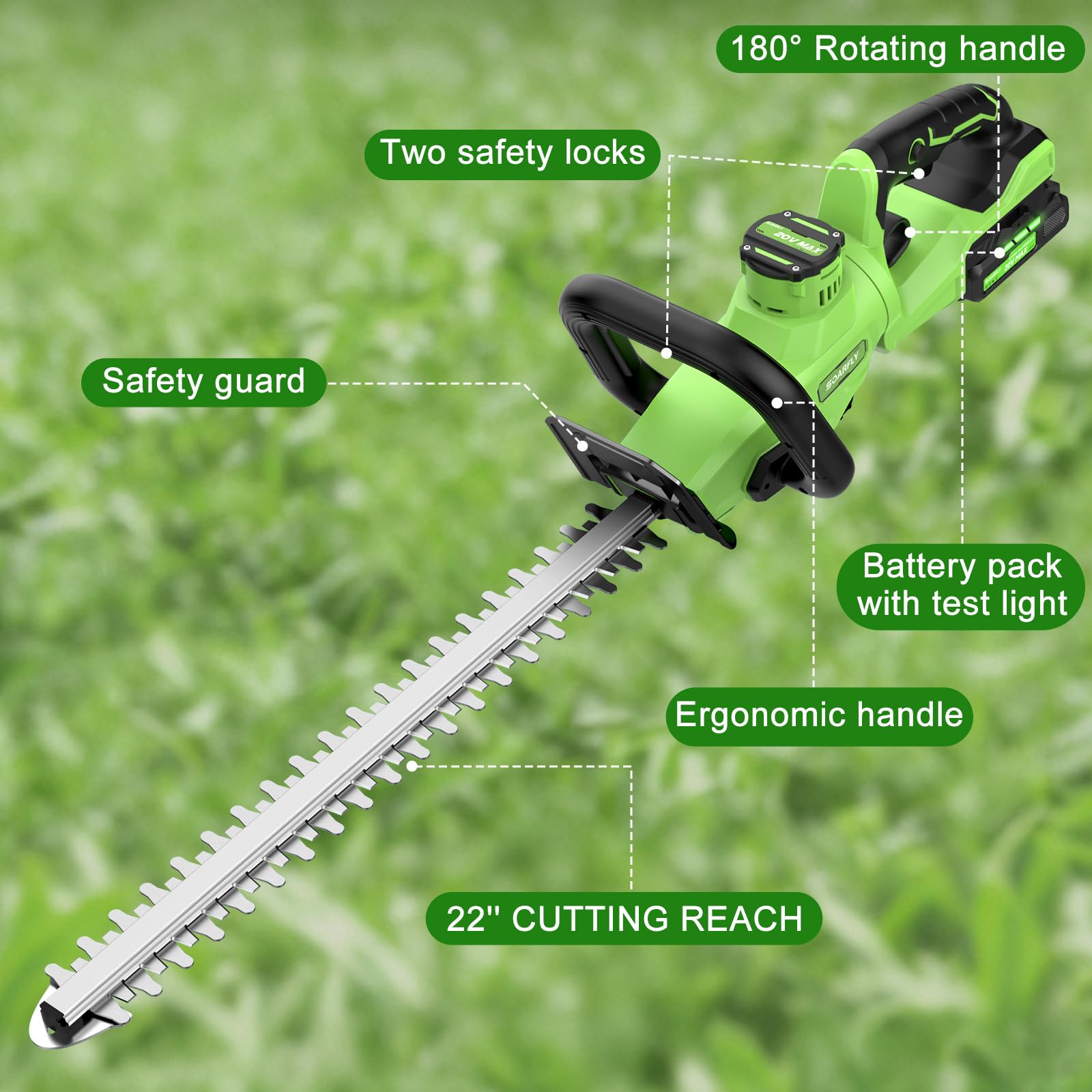 SOARFLY - Cortasetos inalámbrico de 22 pulgadas, cortasetos inalámbrico de 20 V con 2 baterías de 2.0 Ah, mango giratorio de 180°, potente cortasetos de 3000 rpm, recortadora de arbustos para jardín