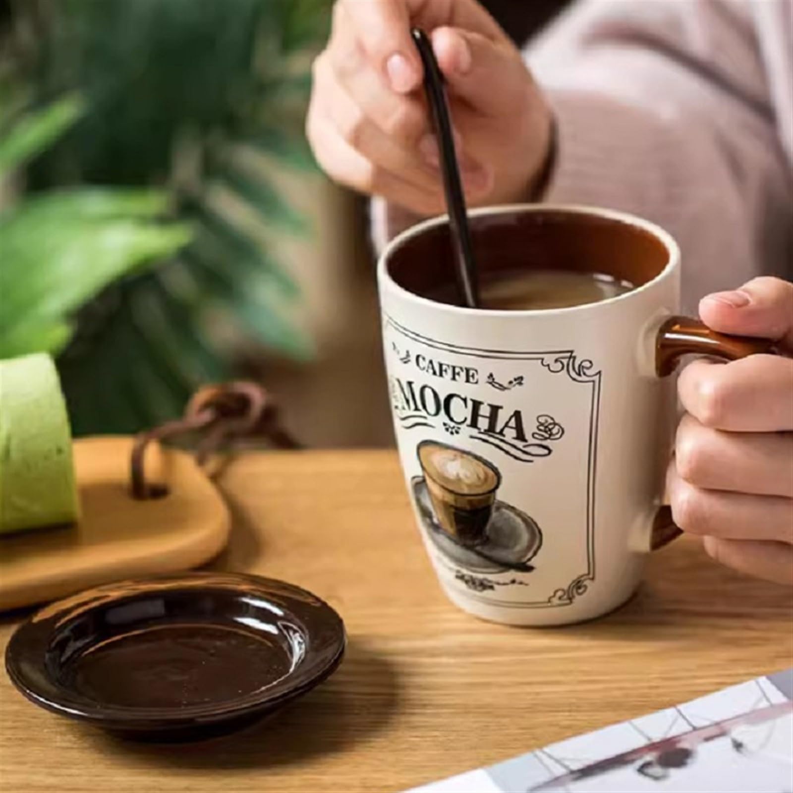 Kubek do kawy mleka i herbaty europejski luksusowy kubek do kawy cappuccino latte vintage ceramiczny kubek z pokrywką łyżka do herbaty, zupy i kawy (B)