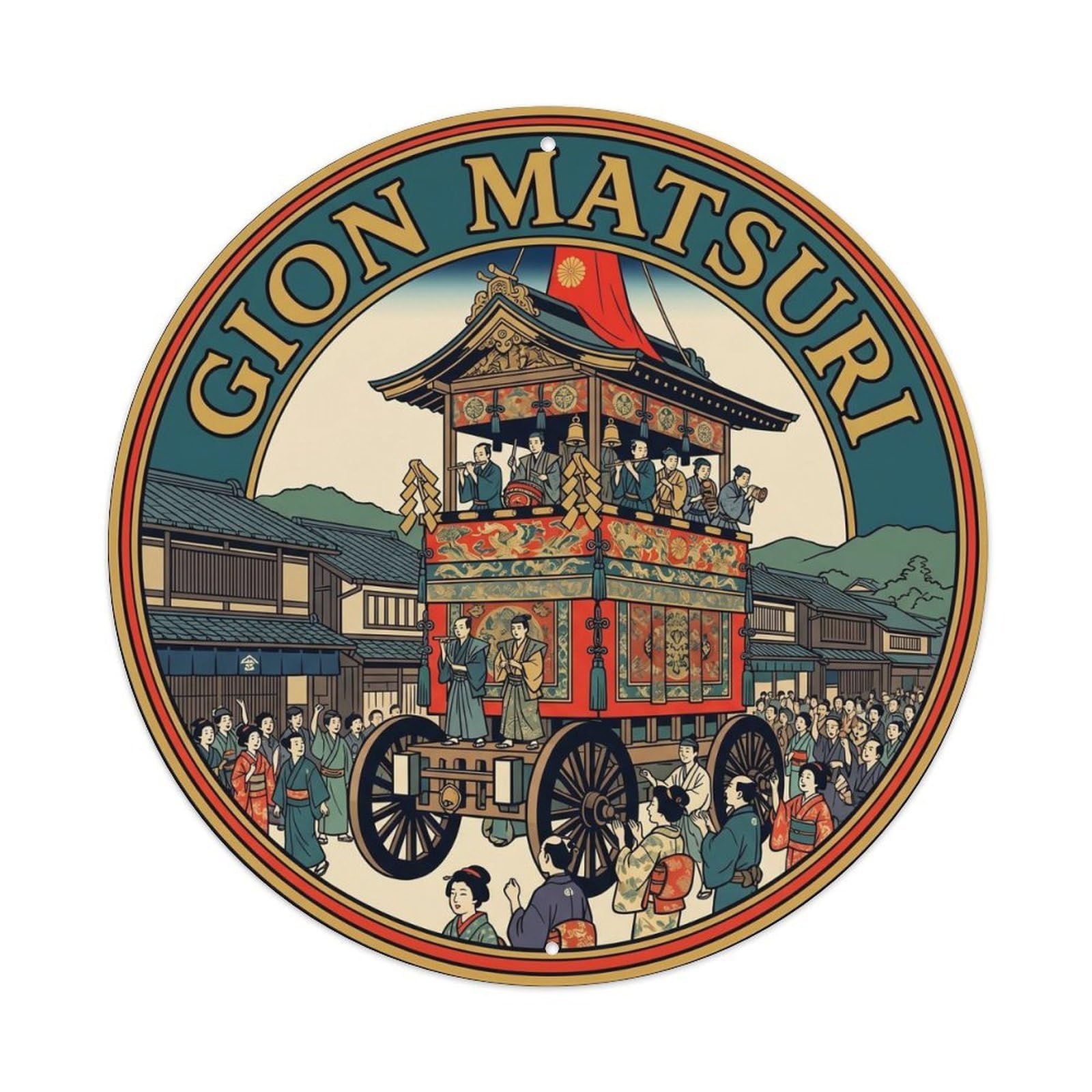 Olyhtr 8X8inch Classic Style Gion Matsuri Float Woodblock Teal Gold Japan Metal Tin Sign