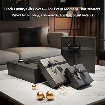 Black Gift Boxes for Presents, Set of 4 Nesting Gift Boxes with Lids, Luxury Gift Box for Valentine's Day,Christmas, Holiday, Birthdays, Weddings, and All Gift Giving Occasions