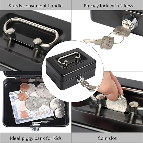 Miniatura 4 de Kasten Caja de dinero de metal con bandeja de dinero y cerradura de llave, caja de dinero para ahorrar en efectivo, 11.8 x 9.5 x 3.5 pulgadas,