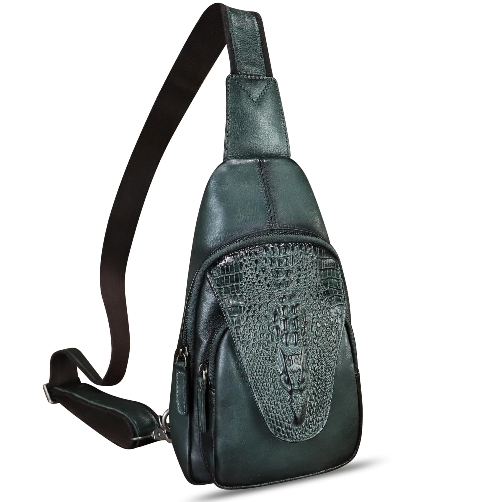 FEIGITOR Genuine Leather Sling Bag Embossed Crocodile Pattern Leather Crossbody Sling Backpack Handmade Chest Purse Daypack (Darkgrey)