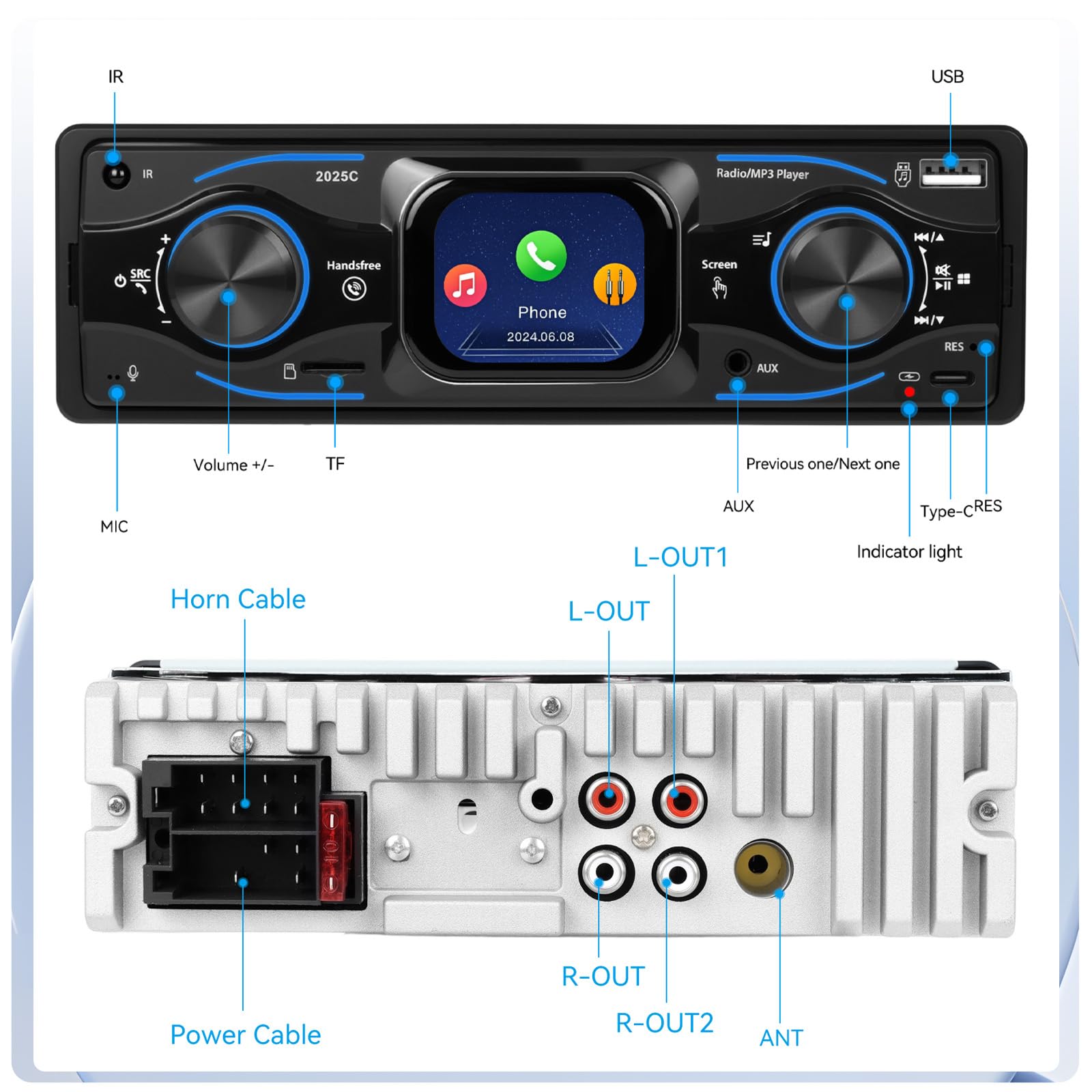 Single Din Car Stereo Marine Radio Bluetooth Multimedia Car Audio Receiver with Digital LCD Display FM Car Radio USB/Type-C/SD/AUX-In MP3 Player Lossless Sound Quality Quick Charge+ SWC