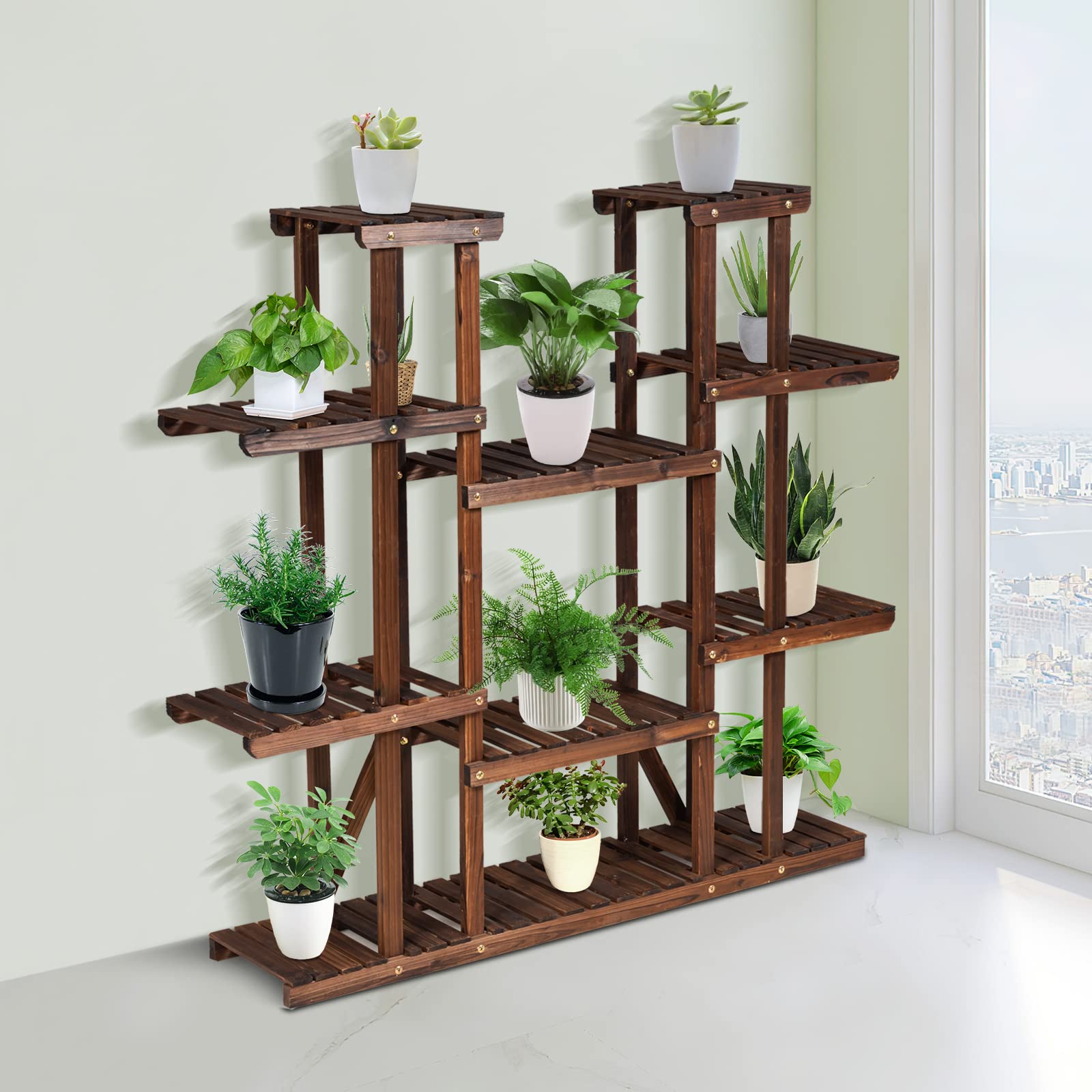 GOPLUS Scaffale Portafiori in Legno, 5/6/7 Ripiani, Scaffali Porta Piante, Design Raffinato, in Legno Massiccio, per Interni, Esterni, Giardino, Serra (125x25x114 cm (6 Ripiani))