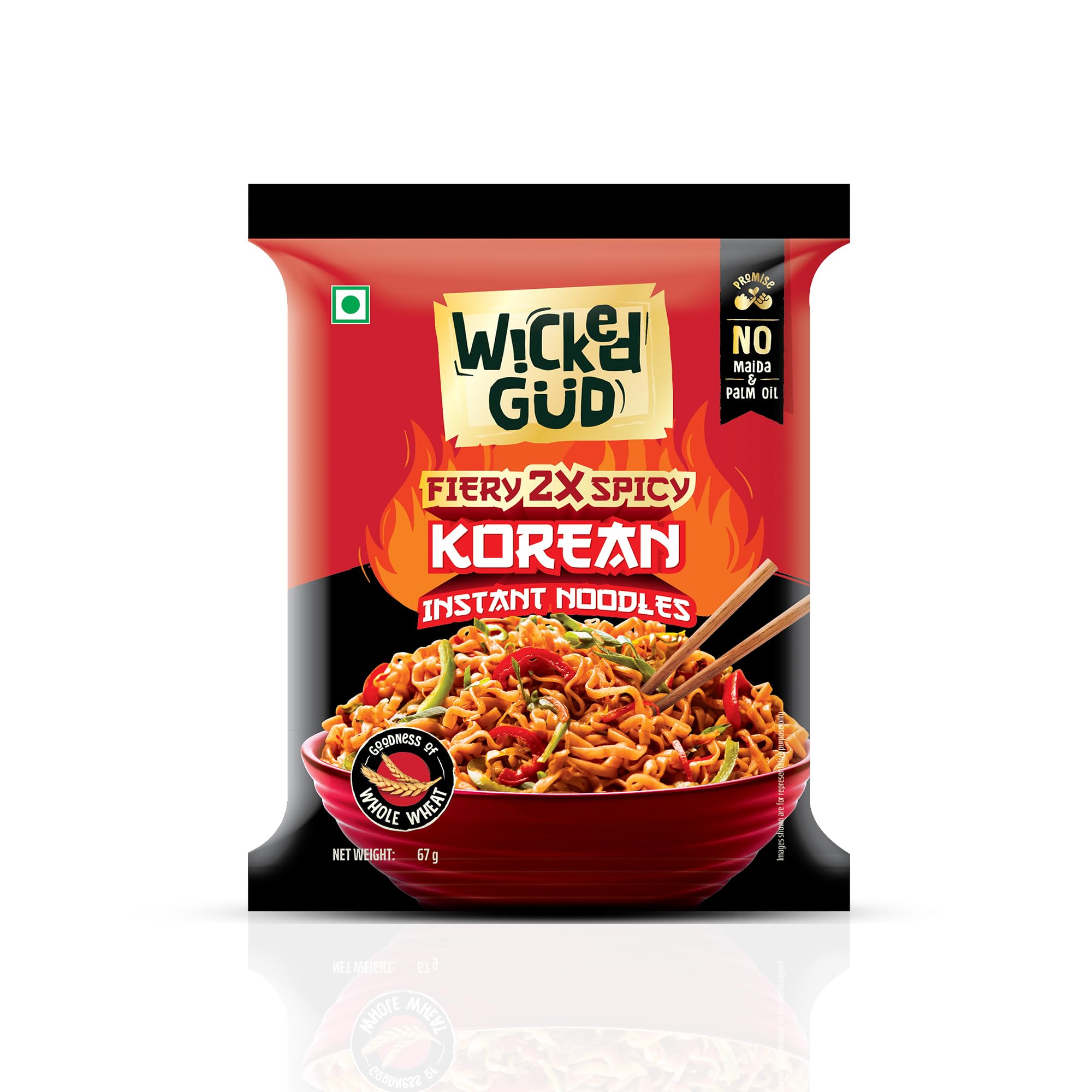 WickedGud Whole Wheat Korean Instant Noodles, 2X Spicy, Natural Ingredients, Palm Oil Free 60g(Noodless) + 7g (Seasonings Mix)