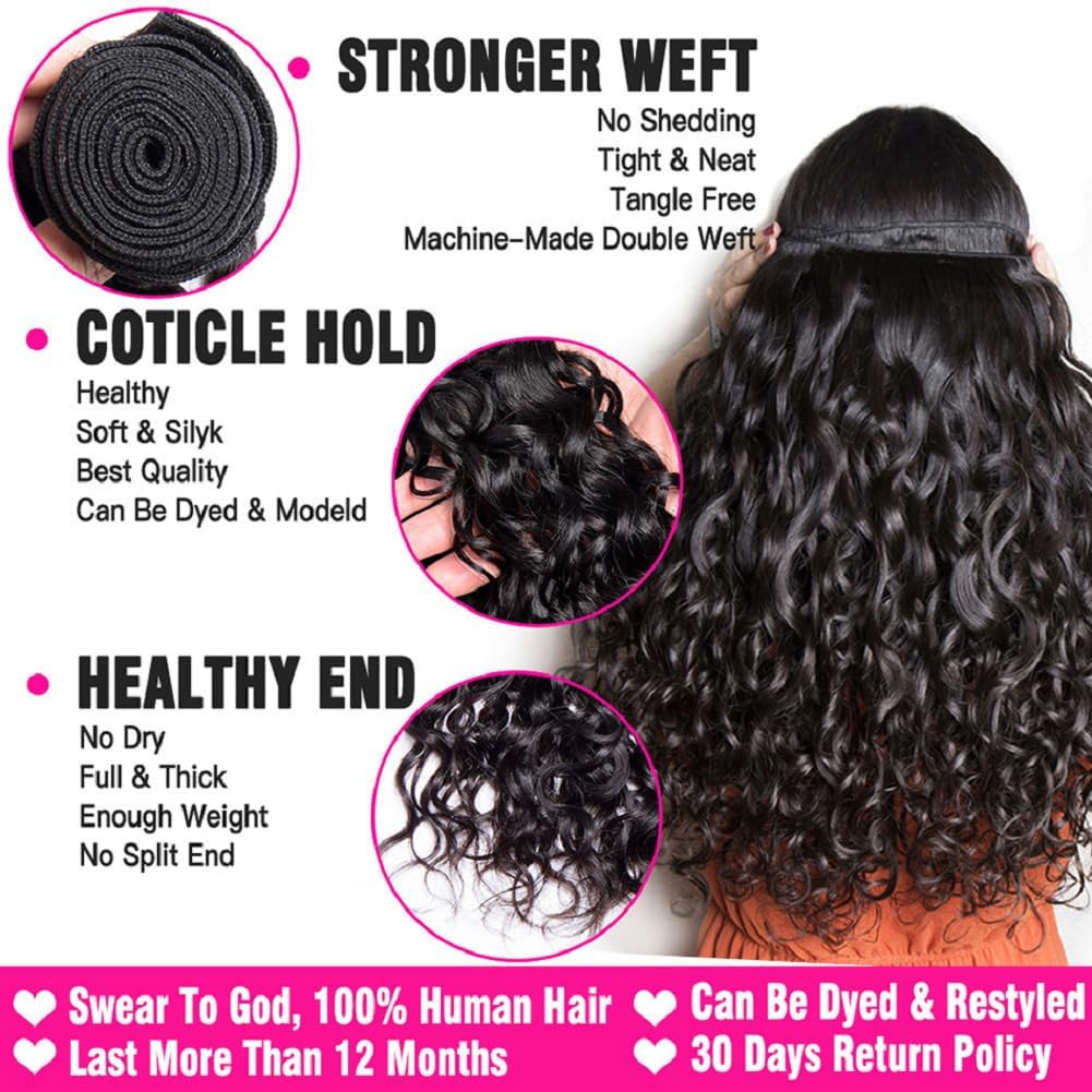 Water Wave 3 Bundles with Closure 100% Unprocessed Brazilian Water Curly Human Hair Weave with 4x4 Free Part Lace Closure Natural Color (12 14 16+10,Bundles with Closure)