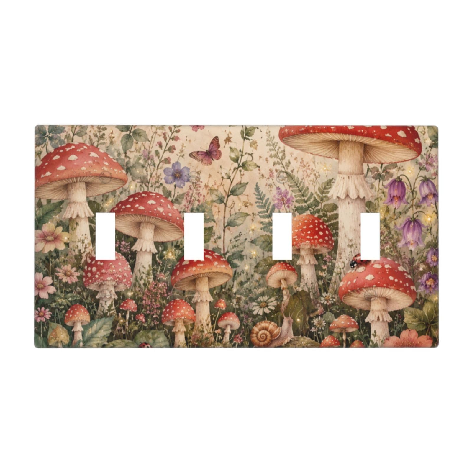 Dwbguo Decorative Light Switch Plate Covers Watercolor Mushroom & Moon 4 Gang Artistic Wall Plate Unique Vintage Butterfly Floral Quad Toggle Light Switch Covers for Bedroom Bathroom Decor