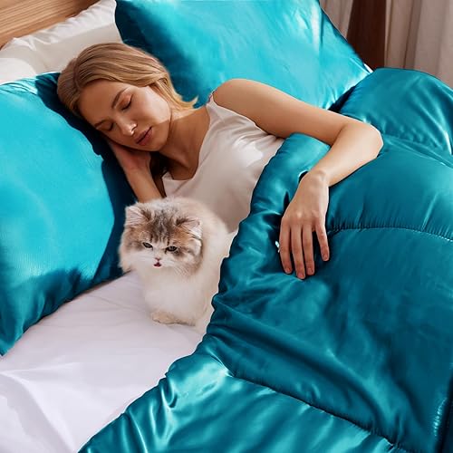 Miniatura 4 de Whale Flotilla Juego de ropa de cama reversible de 3 piezas, suave y sedoso, lujoso, de satén, tamaño matrimonial con 2 fundas de almohada de satén