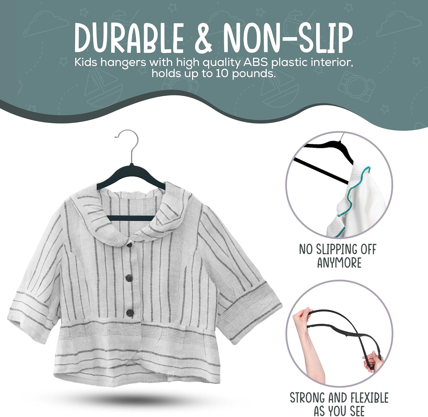 50 Premium Kids Velvet Hangers - 14" Non-Slip Clothes Hangers for Kids & Preteens - Ultra Slim, Space-Saving, Strong & Durable Hangers with 360° Swivel Hook - Black - Image 4