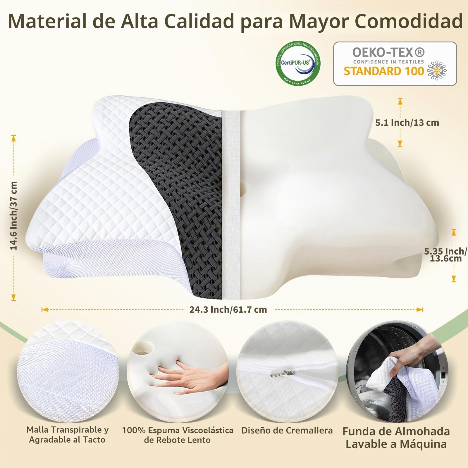 Almohada Cervicales y Cuello, Almohada Cervical de Espuma Viscoelástica, Almohada Ergonómica para Dormir de Lado, Espalda y Boca Abajo, 61,7 x 37 x 13/13,6 cm, Gris