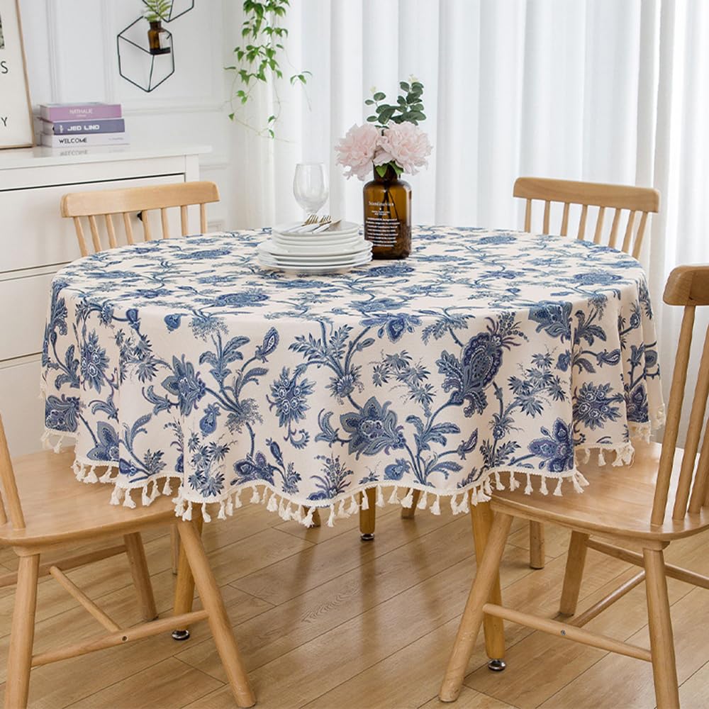 Anaado Large Round Table Cloth 180 cm, Paisley Blue Floral Table Cover, Cafe Tabletop Decoration, 70 inch