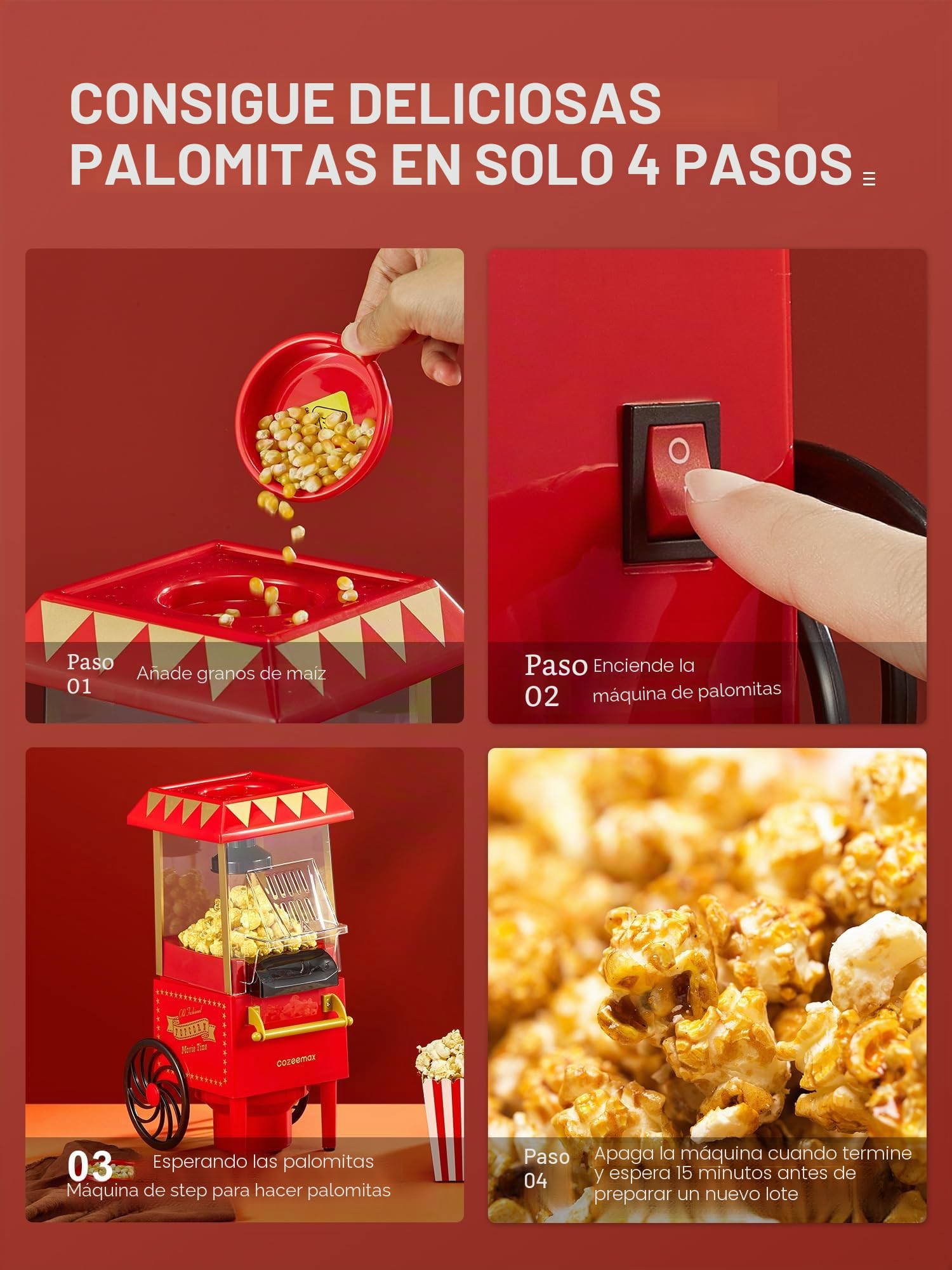 Palomitero, 1200W Vintage Máquina de Palomitas con Gran Capacidad, máquina de hacer palomitas dulces Aire Caliente Sin Grasa AceitaLibre de BPA, Rojo