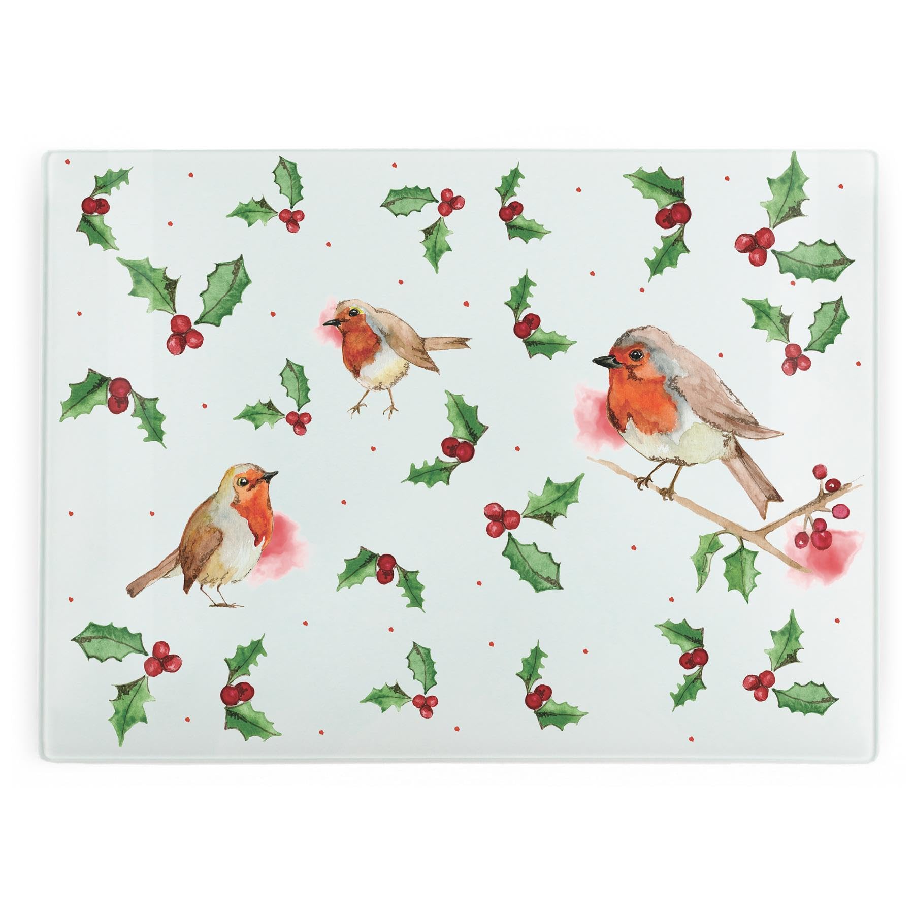 Christmas Robins Glass Chopping Board - Festive Xmas Holly Leaves Rectangular Large Worktop Protector - Smooth Board Kitchen Cutting Board Worktop Saver with Non-Slip Feet 39cm x 28.5cm (15" x 11")