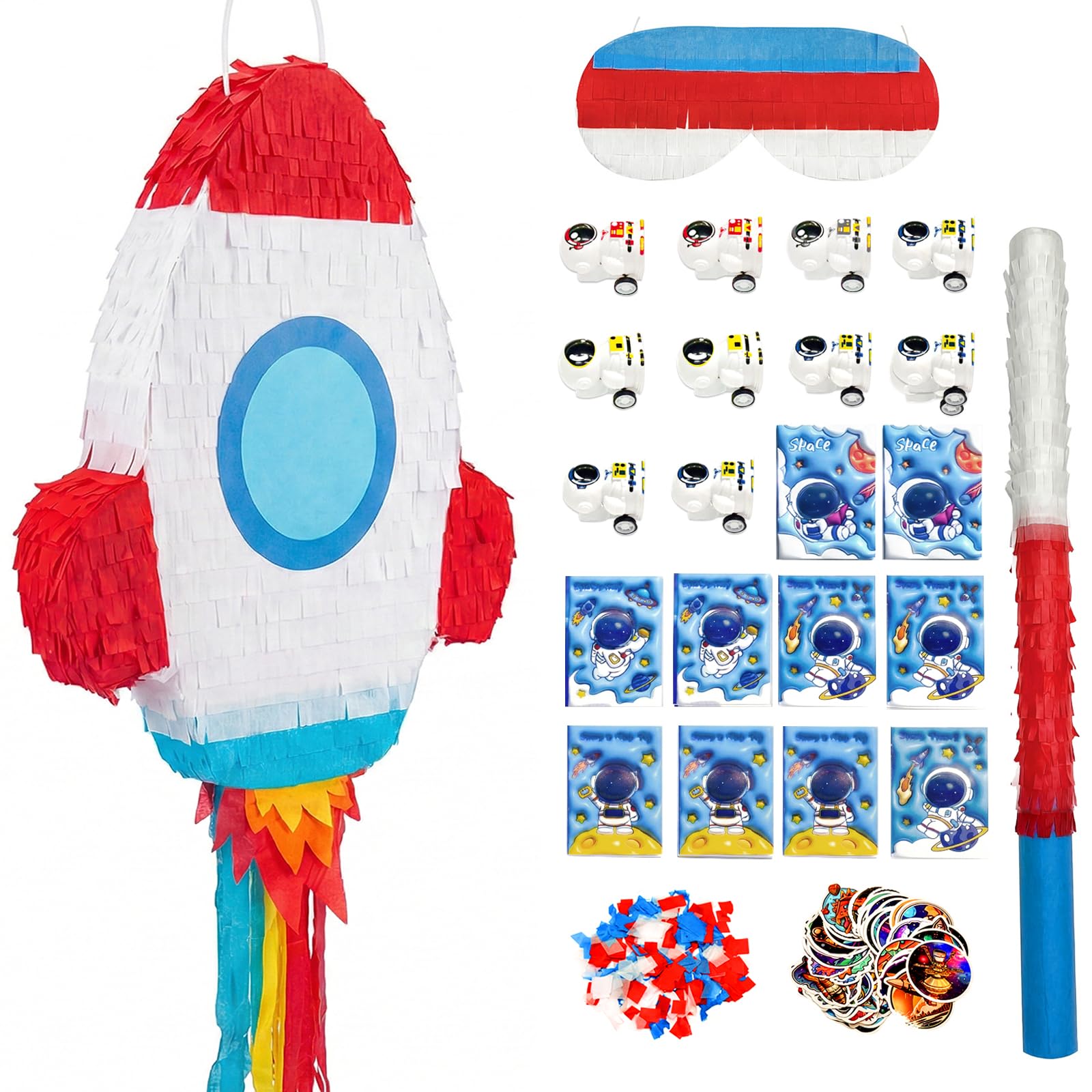 POPCLAP 121 Pcs Rocket Piñata Set for Kids Large Space Piñatas Bundle with Stick and Blindfold Universe Party Favors for Boys Girls Birthday Party
