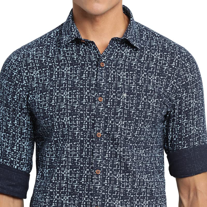 Image of Turtle Men Navy Blue Khadi Printed Slim Fit Casual Shirts