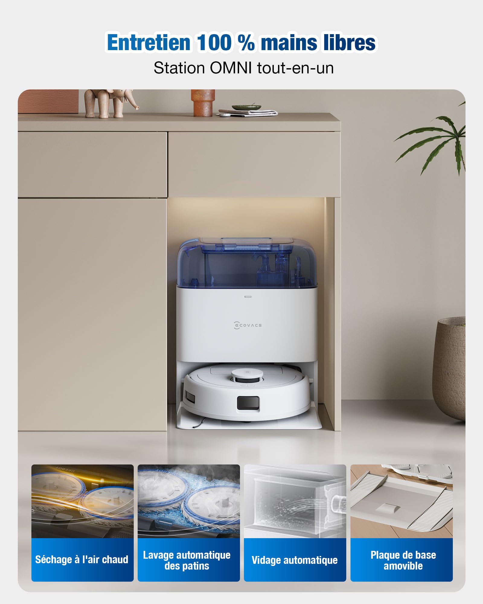 ECOVACS DEEBOT Mini Aspirateur Robot, Aspiration 9 000 Pa, ZeroTangle 2.0, TrueMapping 2.0, séchage à 45 ℃, vidage Auto, Lavage Intelligent en Profondeur, Nettoyage Auto en Un clic, Bleu