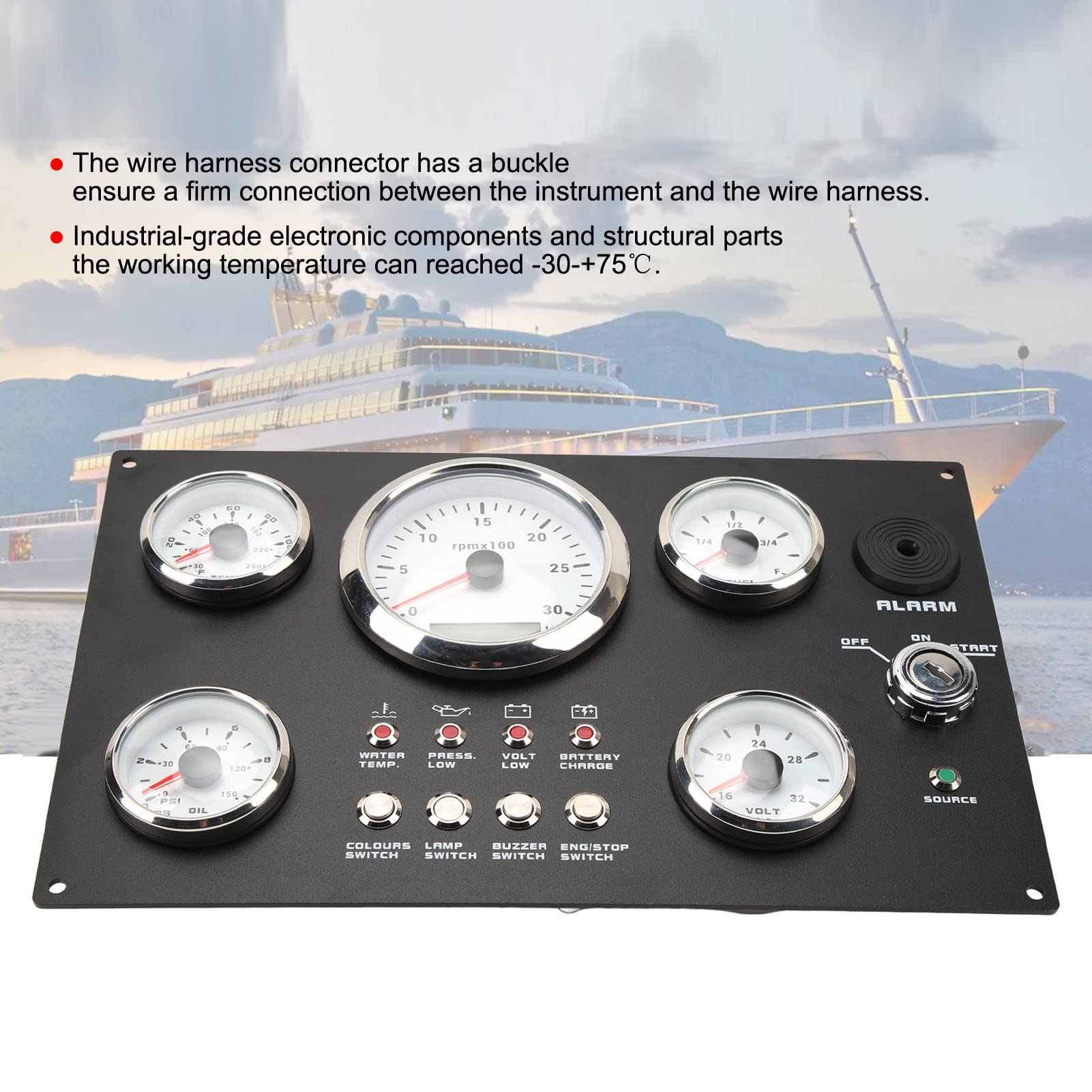 Aramox Boots-Instrumententafel, 24 V, 7 Farben, Hintergrundbeleuchtung, 5-Gauge-Instrumententafel, 85 Mm, 3000 U/min, Maximale Öldruck-Spannungsanzeige für Marineboote, Yachten