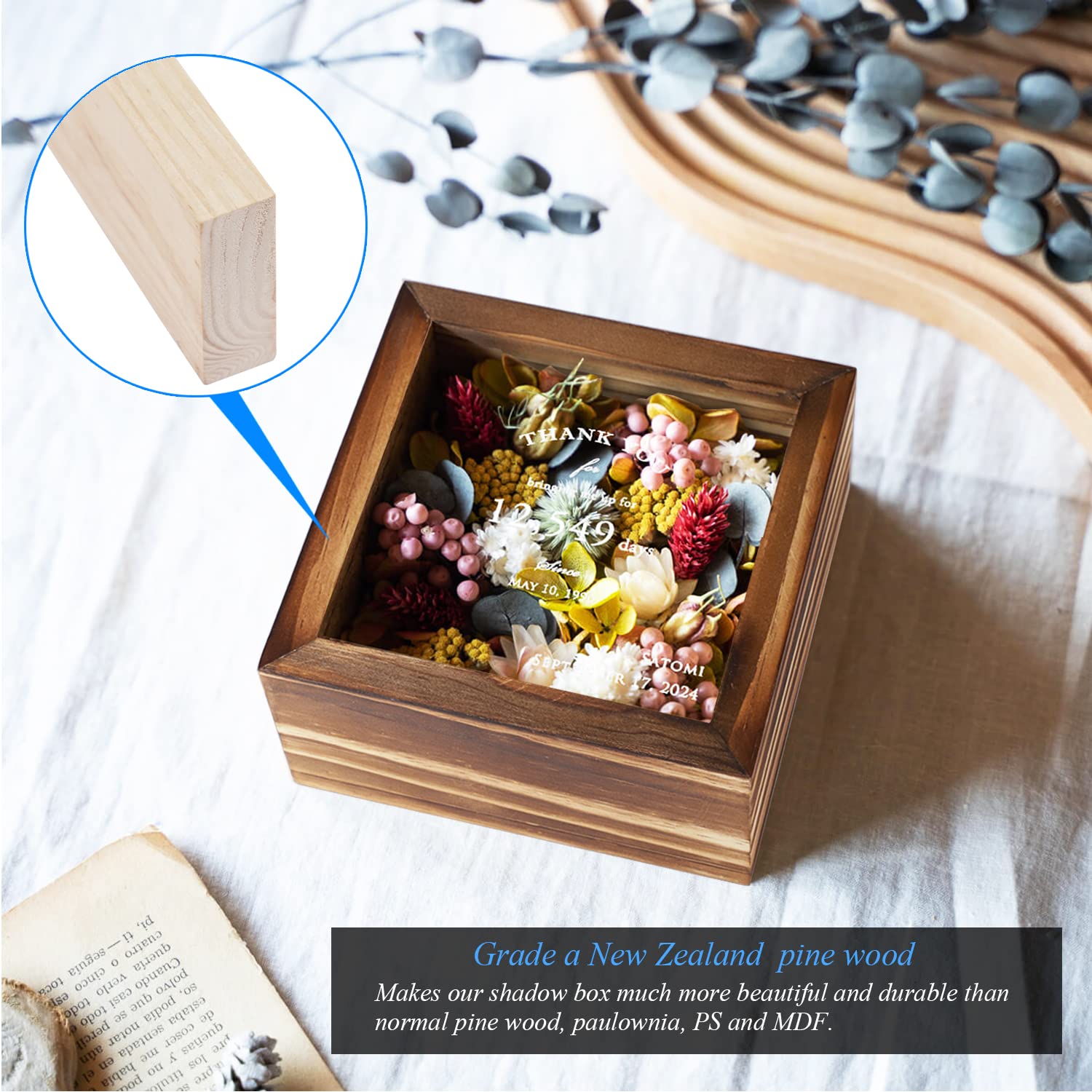 1DOT2 5x5 Small Shadow Box Frame Display Case, Grade A Natural Pine Wood HD Glass Front Soft Linen Back, 1.2 inches Interior Depth-Carbonized Black