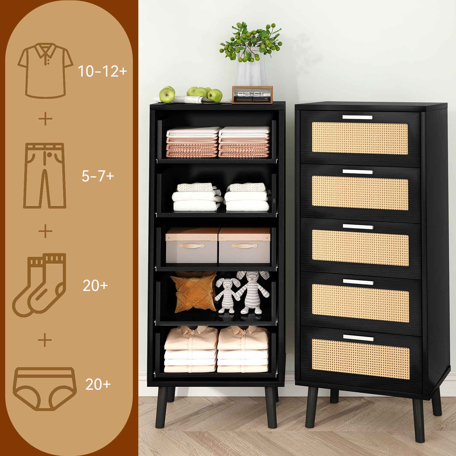 Cassettiera con 6 cassetti, credenza alta in rattan per camera da letto