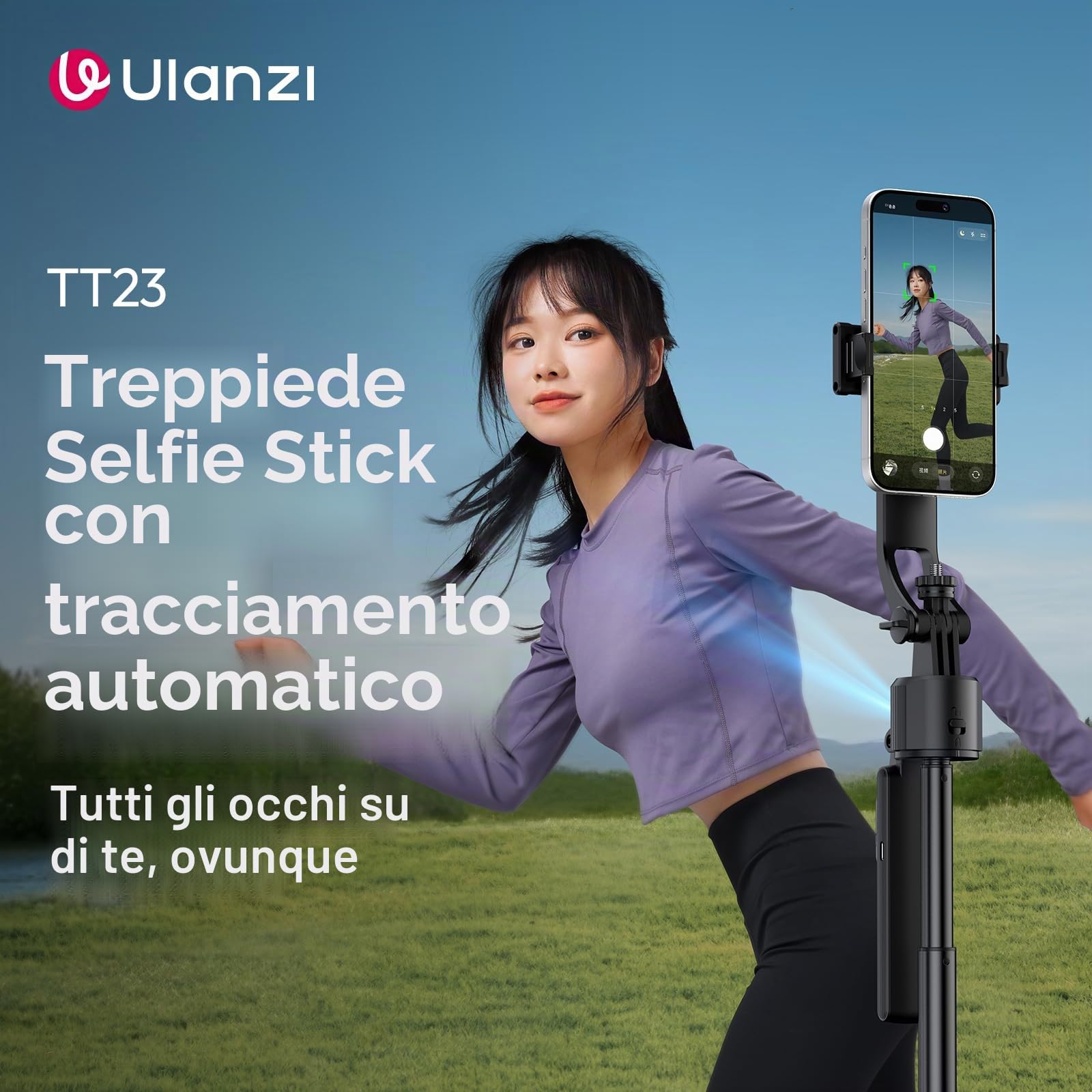 ULANZI TT23 165 cm Bastone selfie a tracciamento automatico del volto, Cavalletto per smartphone con base a 4 piedi, Rotazione 360°, Telecomando wireless, Compatibile con iOS, Android, Action Cam