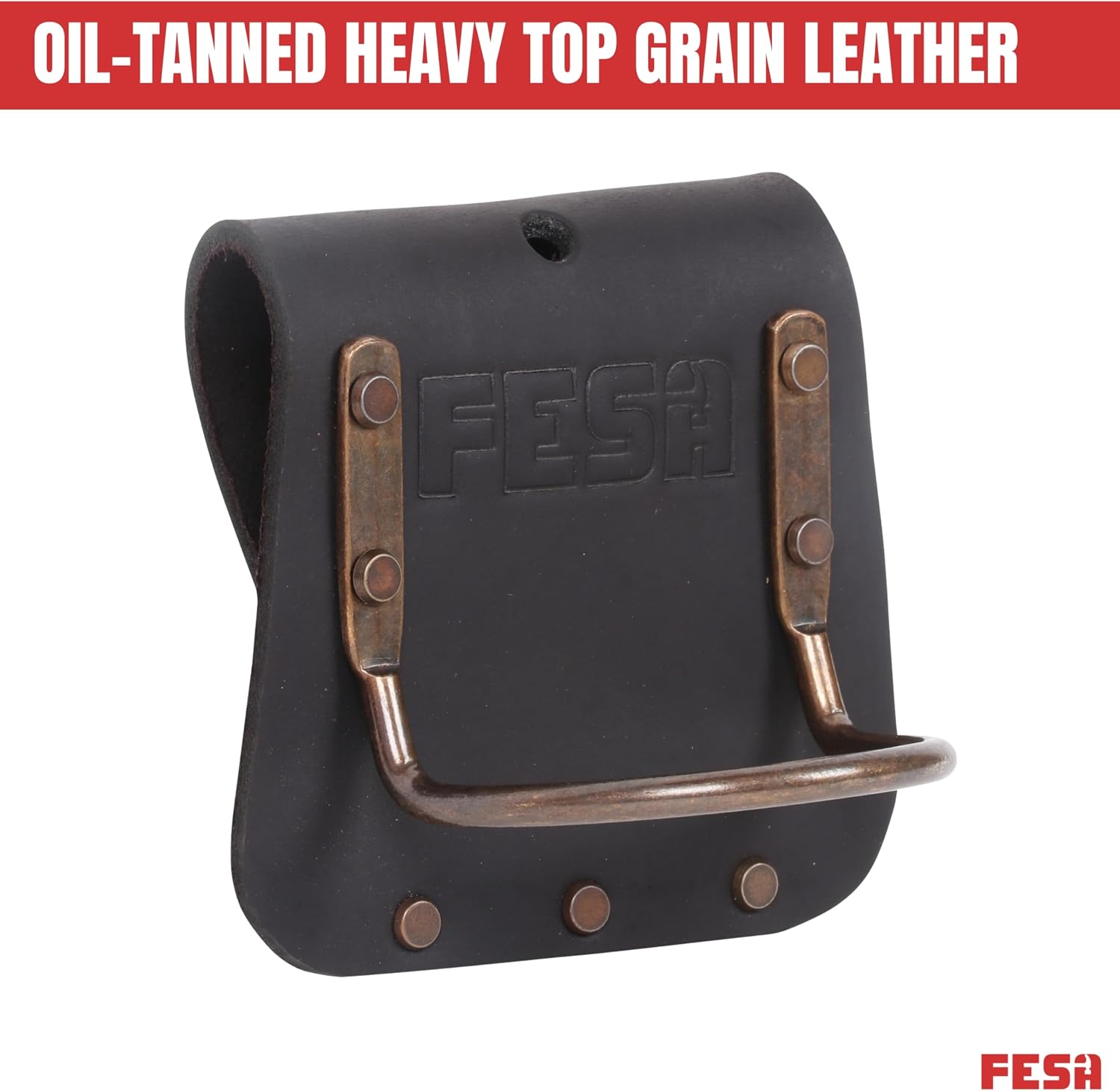 FESA Leather Hammer Holder for Belt - Top Grain Leather Hammer Holster with Steel Hammer Loop & Reinforced Heavy Duty Rivets - Fits Belts up to 3" - Handcrafted