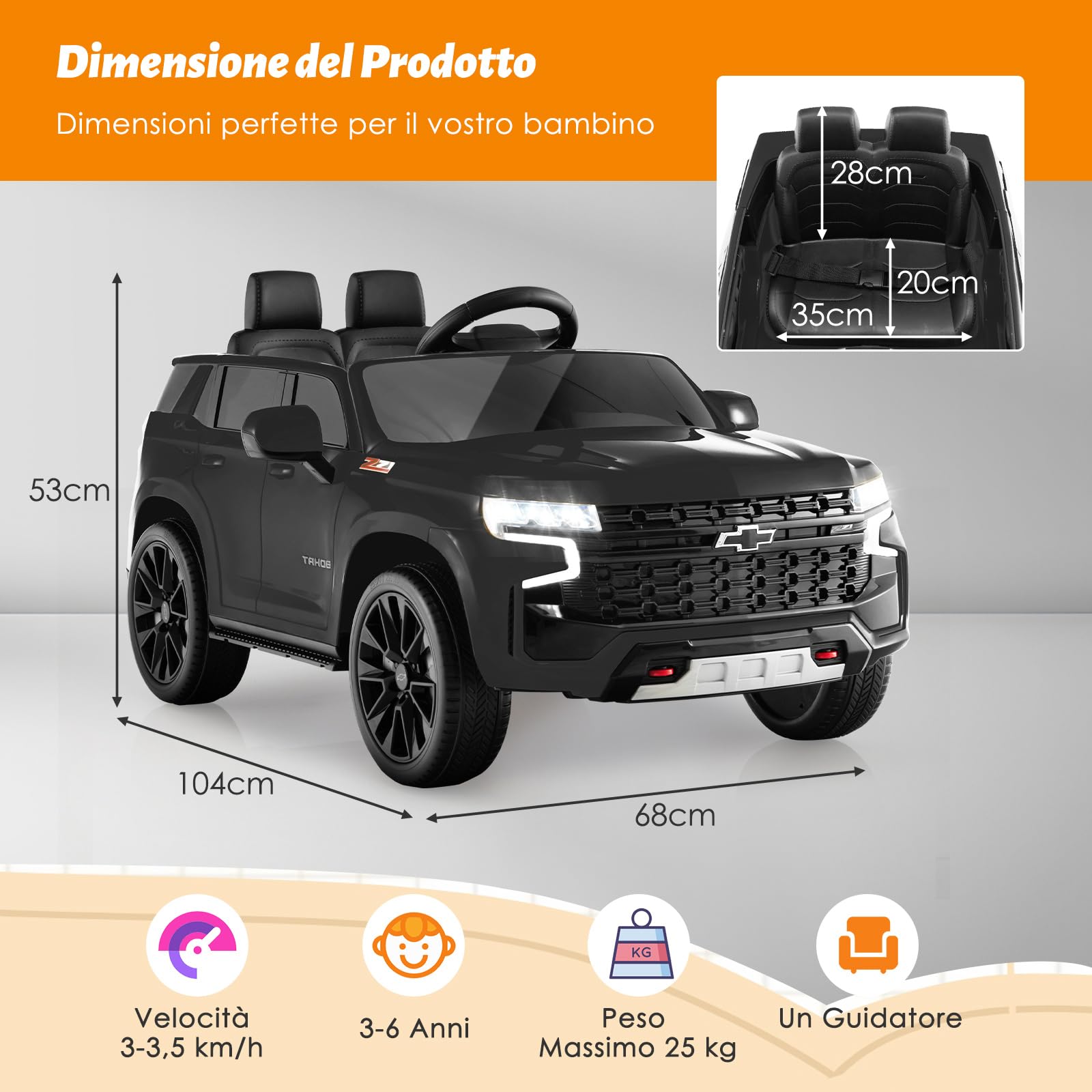 COSTWAY 12V Macchina Elettrica per Bambini Chevrolet, SUV Elettrica con Telecomando Luci Luminose e Musica, 3-3,5 km/h, Ideale per Bambini di 3-6 Anni (Nero)