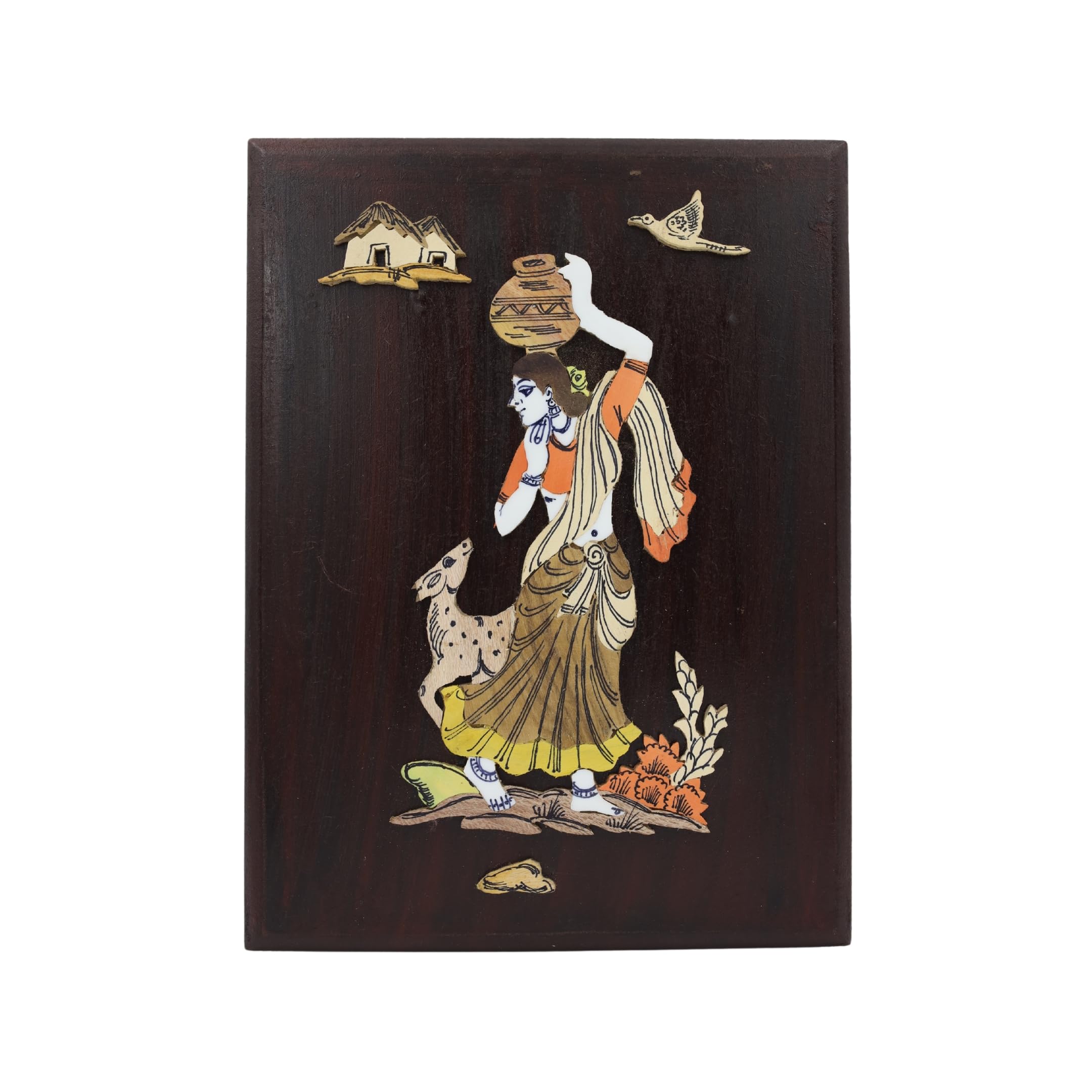 NATRIEL Mysore Wood Inlay Art | Handcrafted Rural Indian Woman with Pot | Traditional Indian Wall Décor | Fine Wood Inlay Craftsmanship-Lady With Pot And Deer-image-9