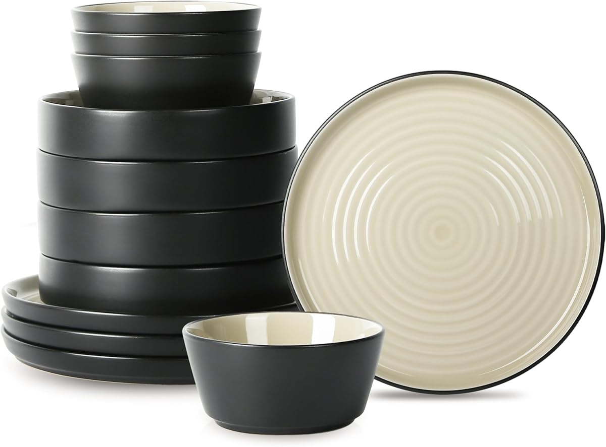 Elica Stoneware 12-Piece Dinnerware, Plates and Bowls Sets, Service for 4, Beige and Black, Modern Dishware, Microwave & Dishwasher Safe
