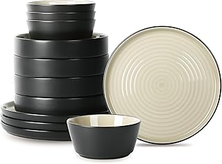 Stone Lain Elica Stoneware 12-Piece Dinnerware, Plates and Bowls Sets, S...