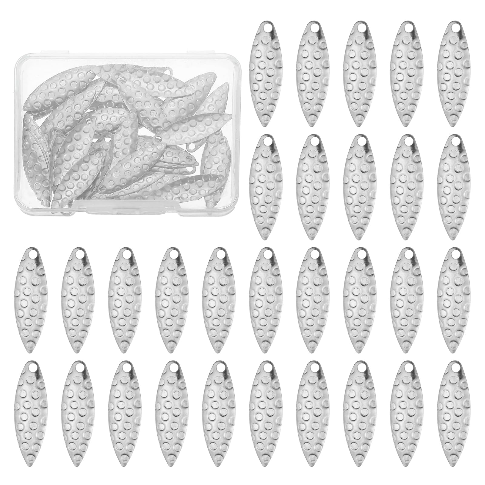 PATIKIL Fishing Lure Blades, 40 Pack 1" x 0.3" Round Fishing Spinner Baits Willowleaf Lure Spinner Making Part with Plastic Storage Box for Bait Accessories, Silver Tone