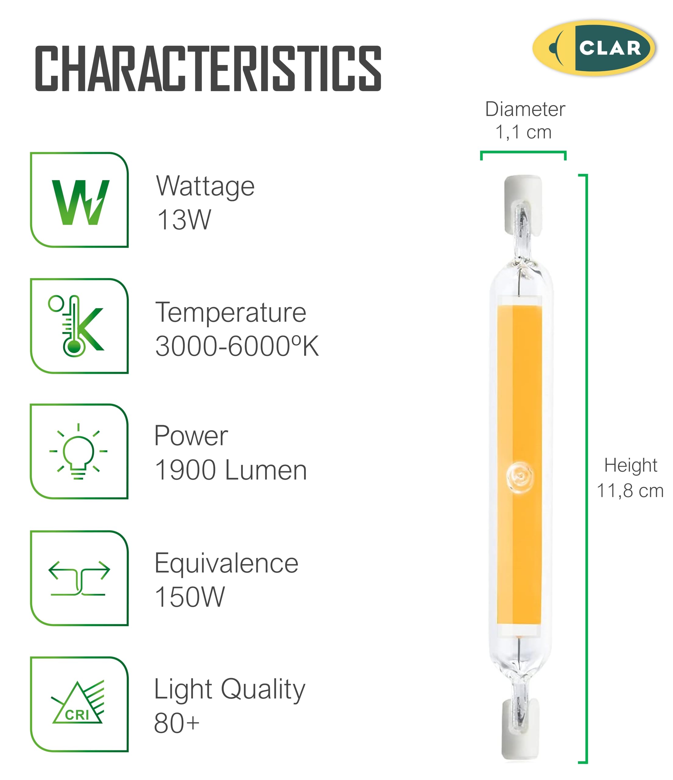CLAR - Lampadina LED R7S 118mm, 13W (Confezione da 5) - Alogena Equivalente, Lampada per Illuminazione