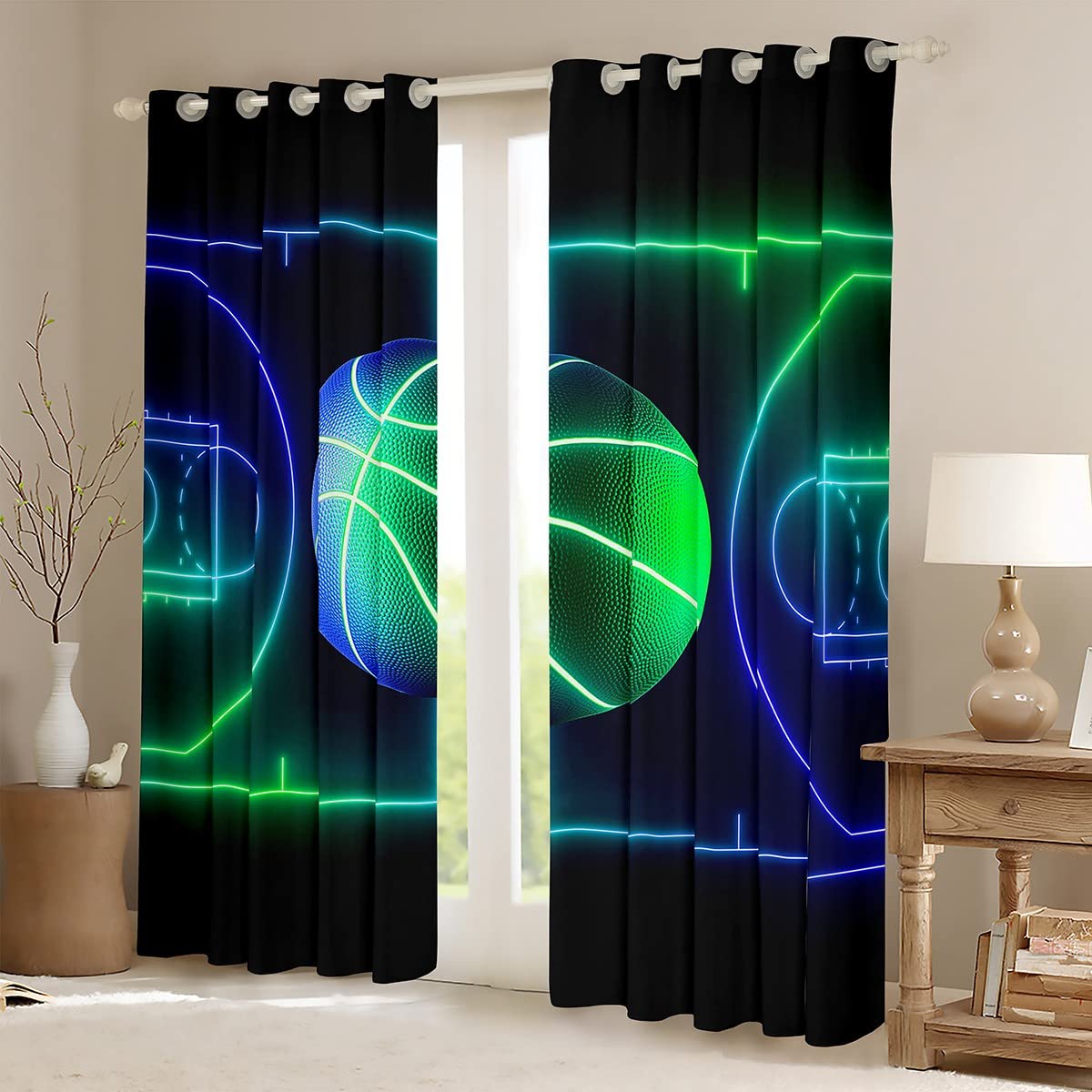 Castle Fairy Basketball Window Curtain,Sports Games Curtains for Kids Teens Boys Men Room Decor,Green Blue Neon Geometric Lines Basketball Court Pattern Window Treatment Curtains,Black,42Wx63L