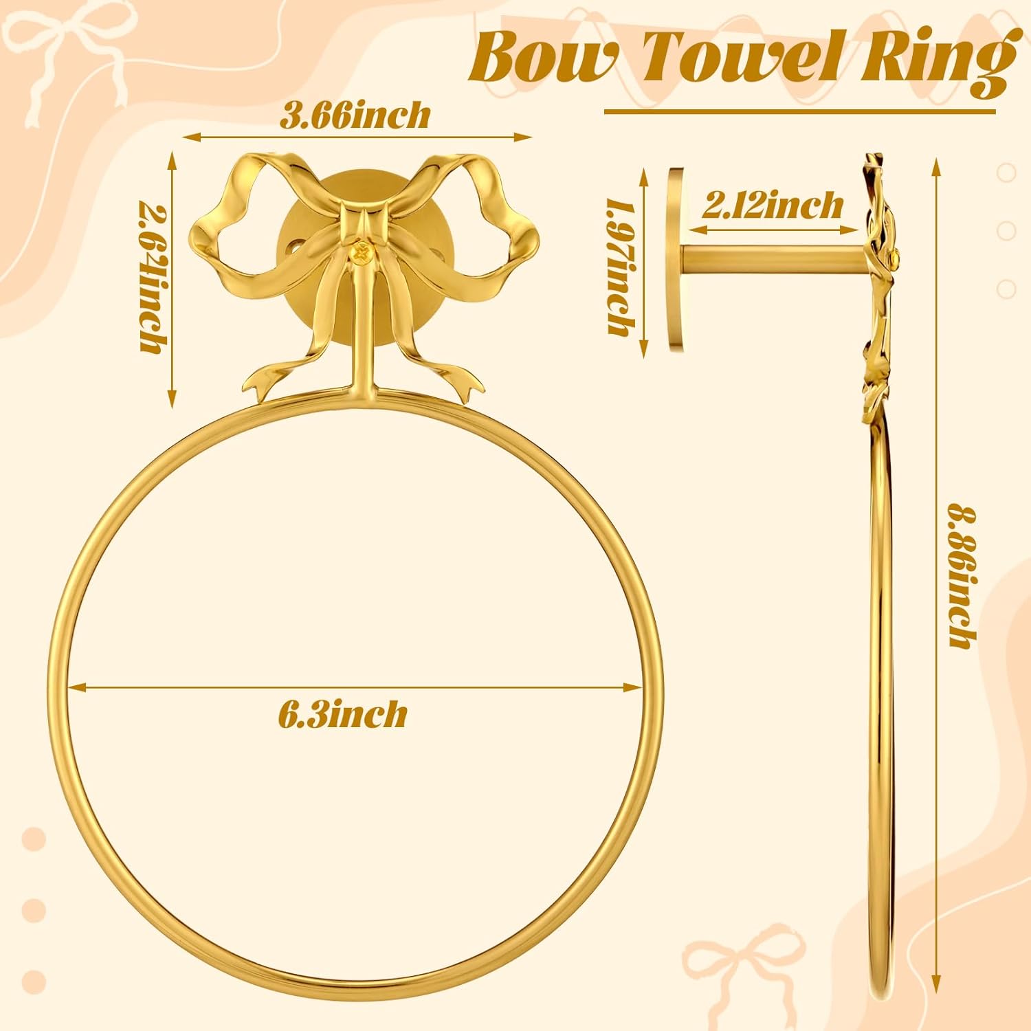 Coquette Gold Bow Towel Holder Brass Gold Bow Hand Towel Ring Retro Bathroom Hardware Accessories Vintage Girly Wall Mount Hanger Ring for Room Bathroom Kitchen Decor